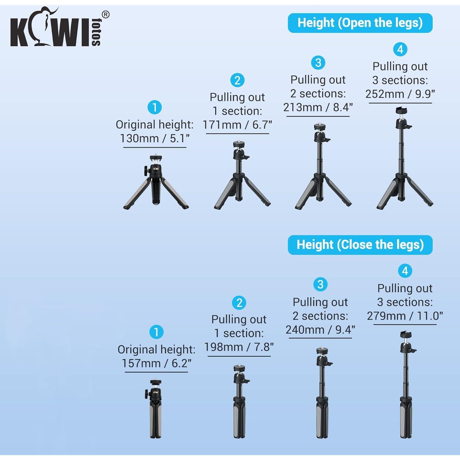Trípode Mini Extensible KIWIFOTOS para Cámaras y Smartphones