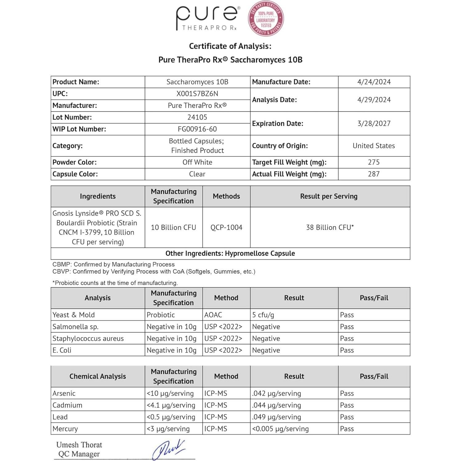 Probioticos Saccharomyces Boulardii 10 Mil Millones CFU - Pure TheraPro Rx - 60 Cápsulas