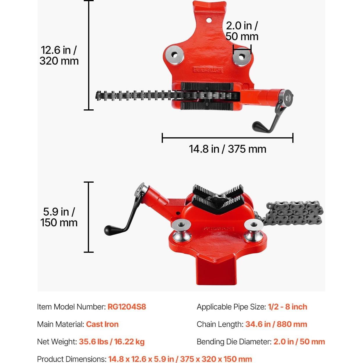 Prensa de Cadena VEVOR para Tuberías 1/2" - 8" 15.6 kg