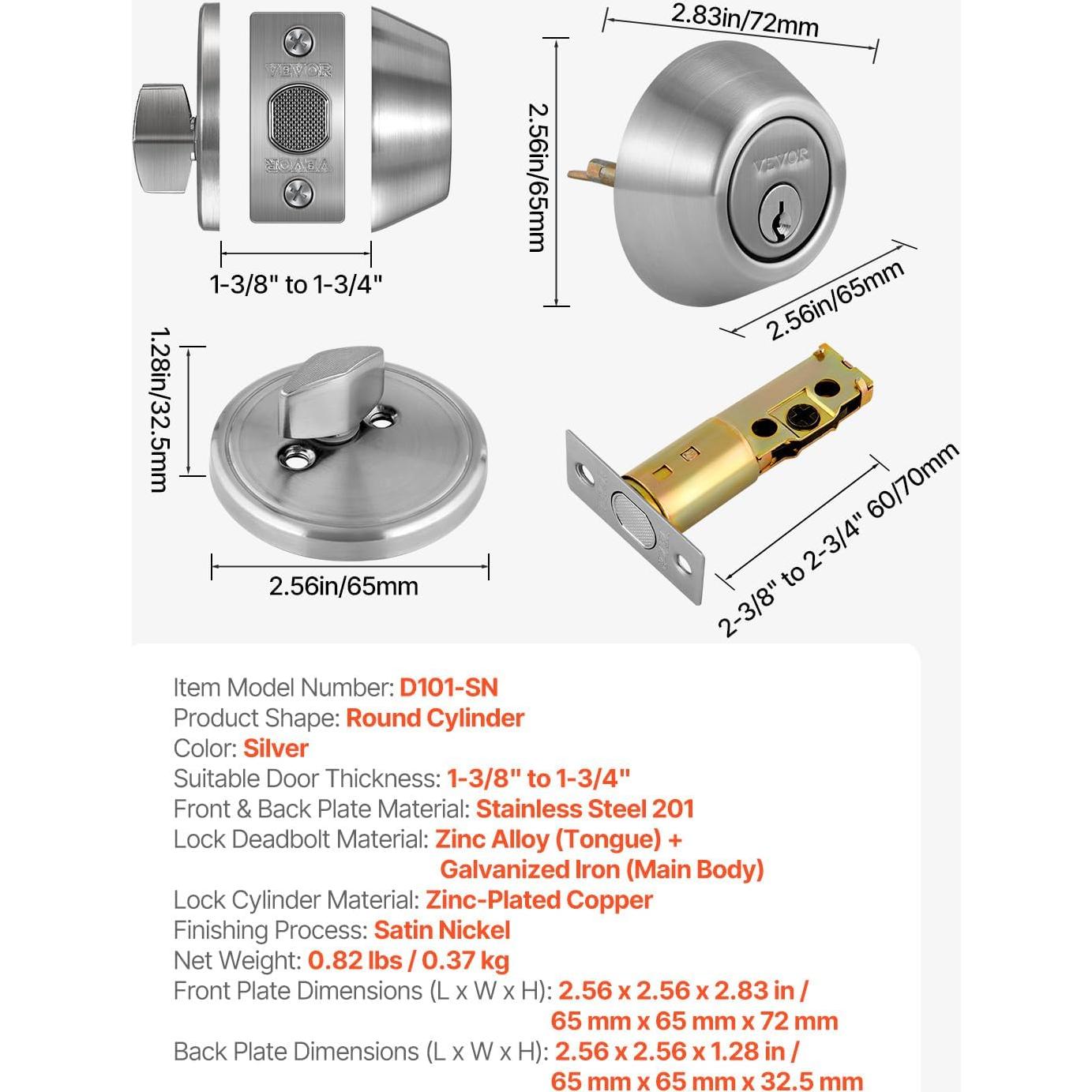 Cerradura de Pestillo VEVOR Cilindro Simple Metal 3 Llaves