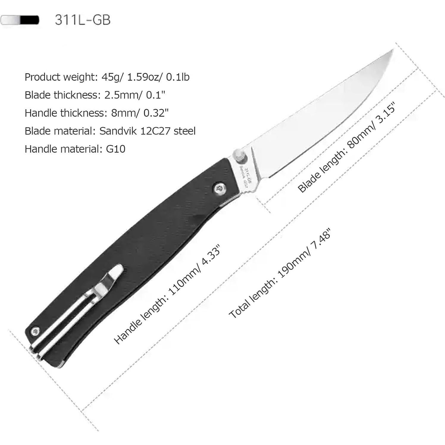 Cuchillo Plegable Sanrenmu 311L 80mm Acero 12C27 Mango G10 Negro