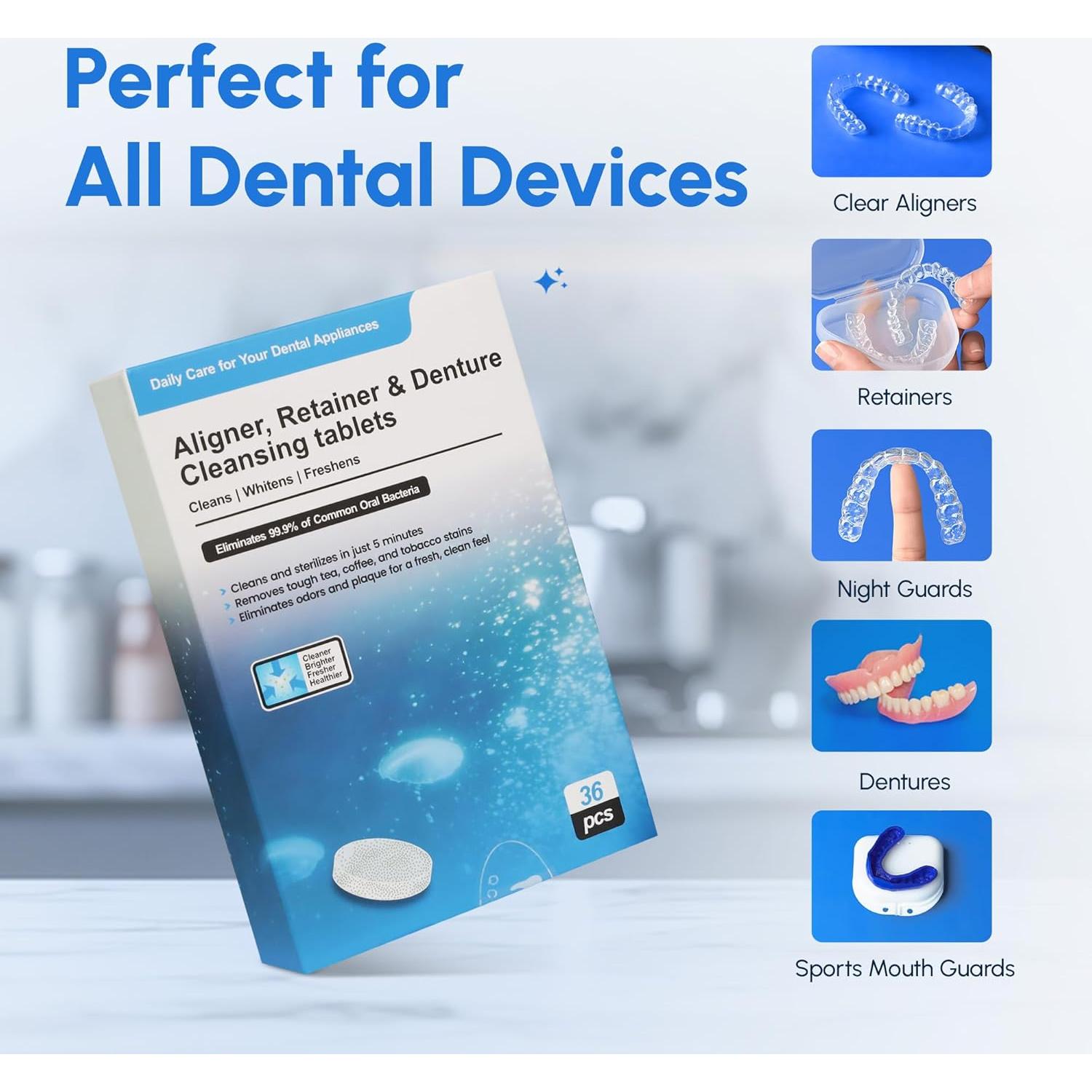 Tabletas Limpiadoras AlignerCo para Alineadores y Dentaduras - 120 Unidades