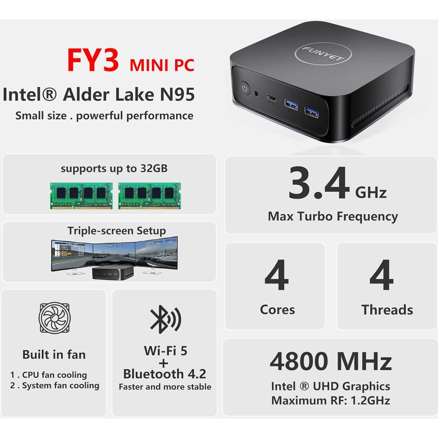 Mini PC FUNYET FY3 Intel Alder Lake N95 16GB 1TB 4K