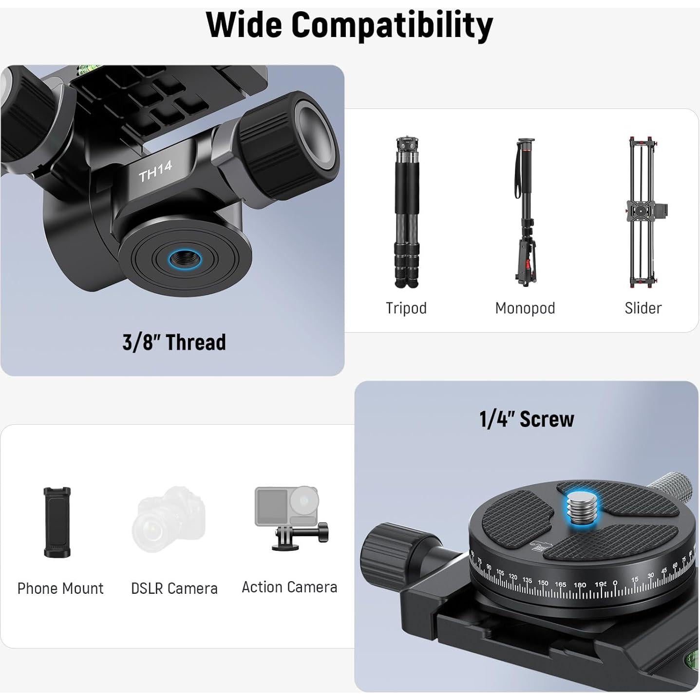 Cabezal de Trípode Engranado NEEWER TH14 Pan y Tilt 360°