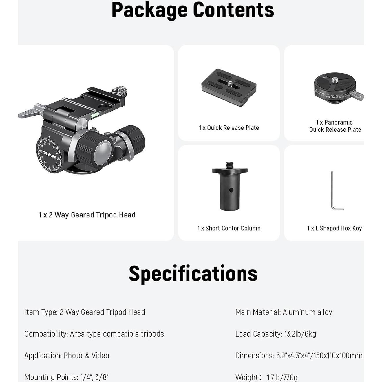 Cabezal de Trípode Engranado NEEWER TH14 Pan y Tilt 360°