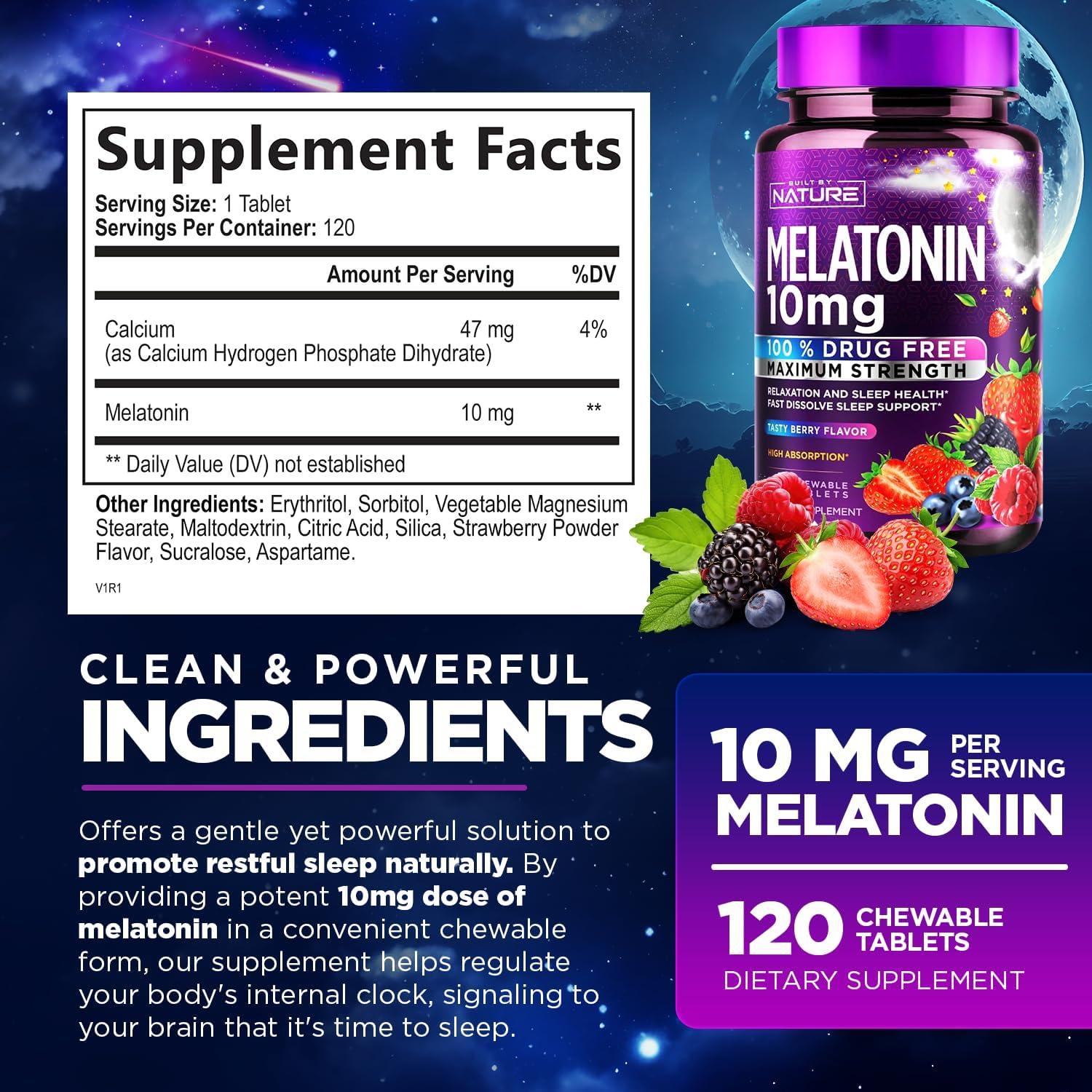 Melatonina 10mg Masticables Construidos por la Naturaleza - Sabor a Baya - 120 Tabletas