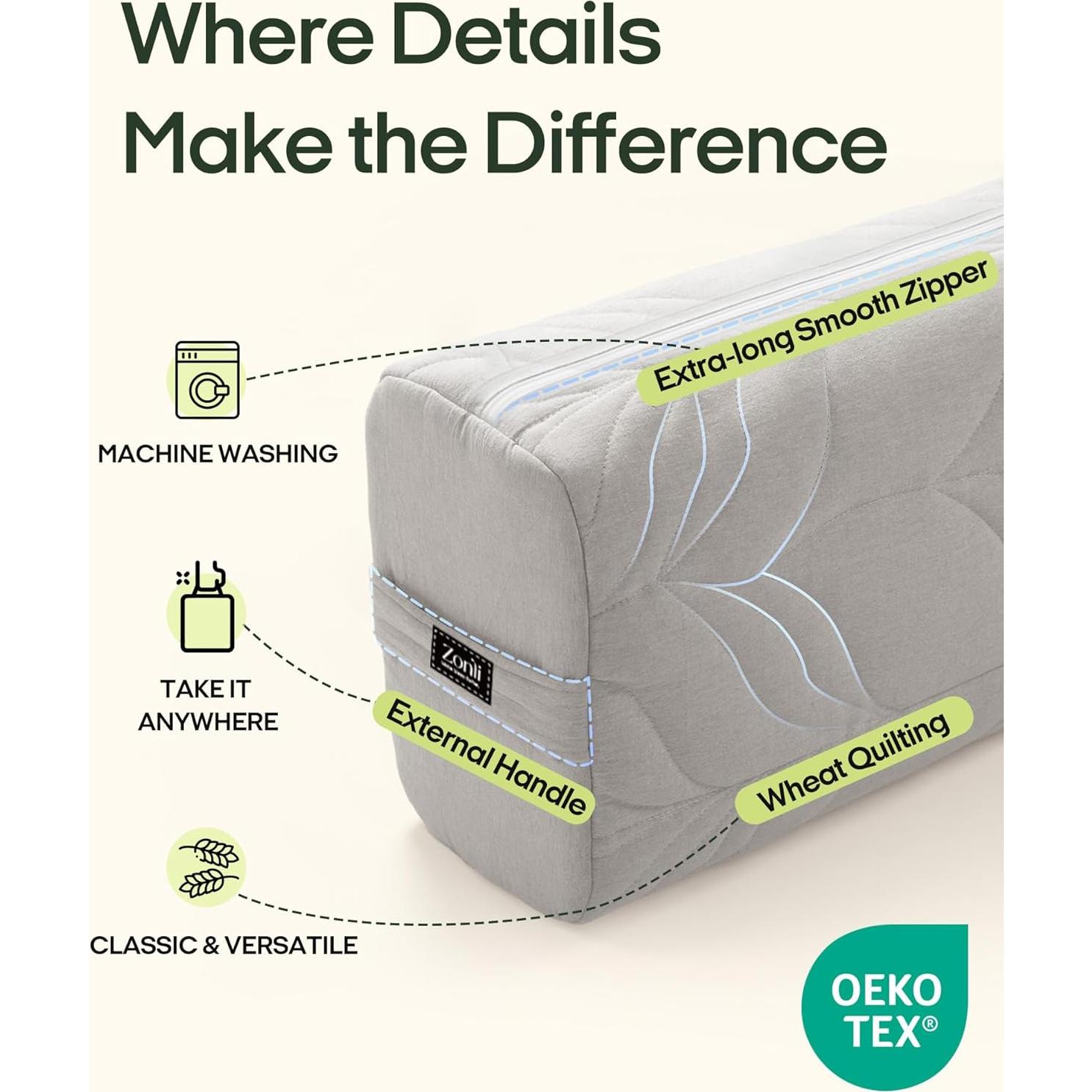 Almohada Bolster de Yoga ZonLi 66x28x18cm Algodón Gris