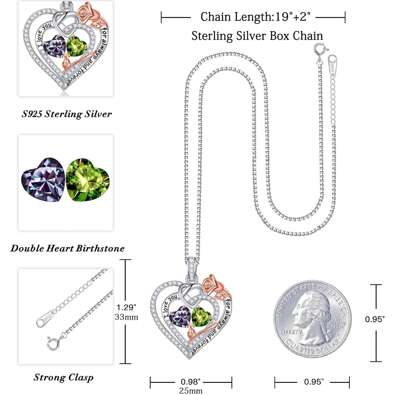 Collar Corazón Rosa Iefil Plata 925 Doble Piedra de Nacimiento