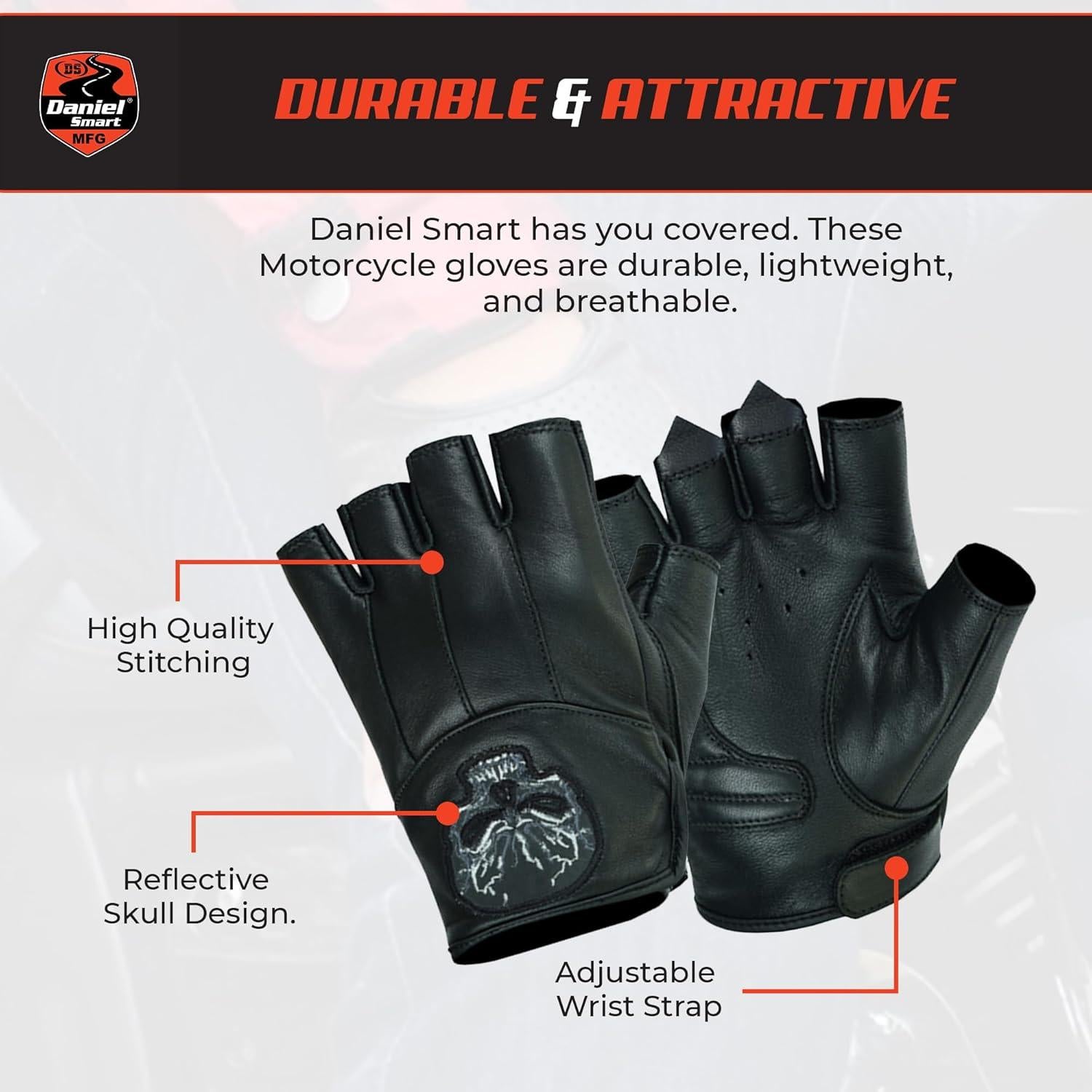 Guantes de Cuero Sin Dedos Daniel Smart para Hombre - Calavera Reflectante