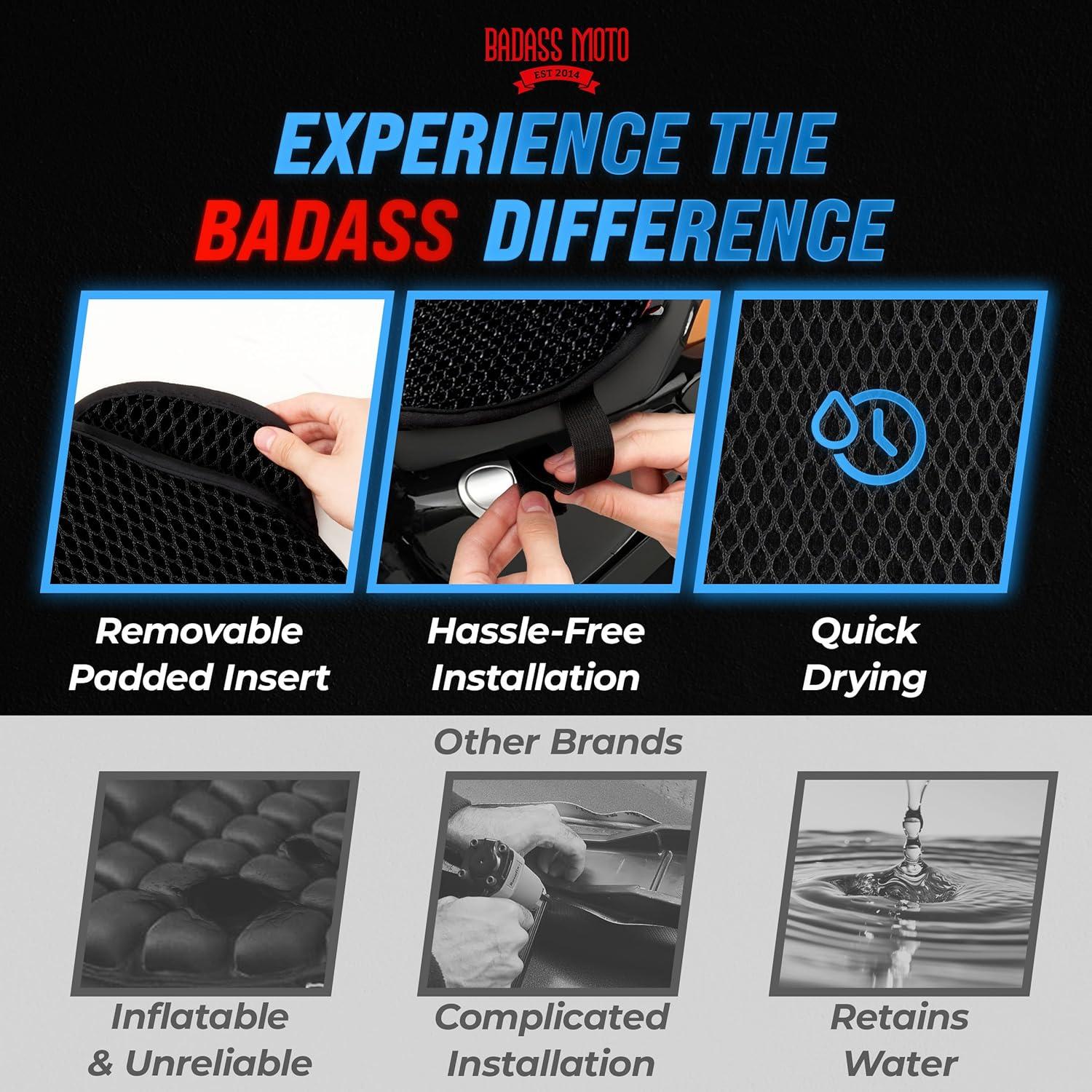 Badass Moto Cool Mesh Motorcycle Seat Cover, Max Airflow Motorcycle Seat Pad, Cooling Seat Cushion Stops Sweat, Adds Sun Shade. Removable Padded Insert. Fits Harley Davidson, Cruiser, Sport Bikes - LG