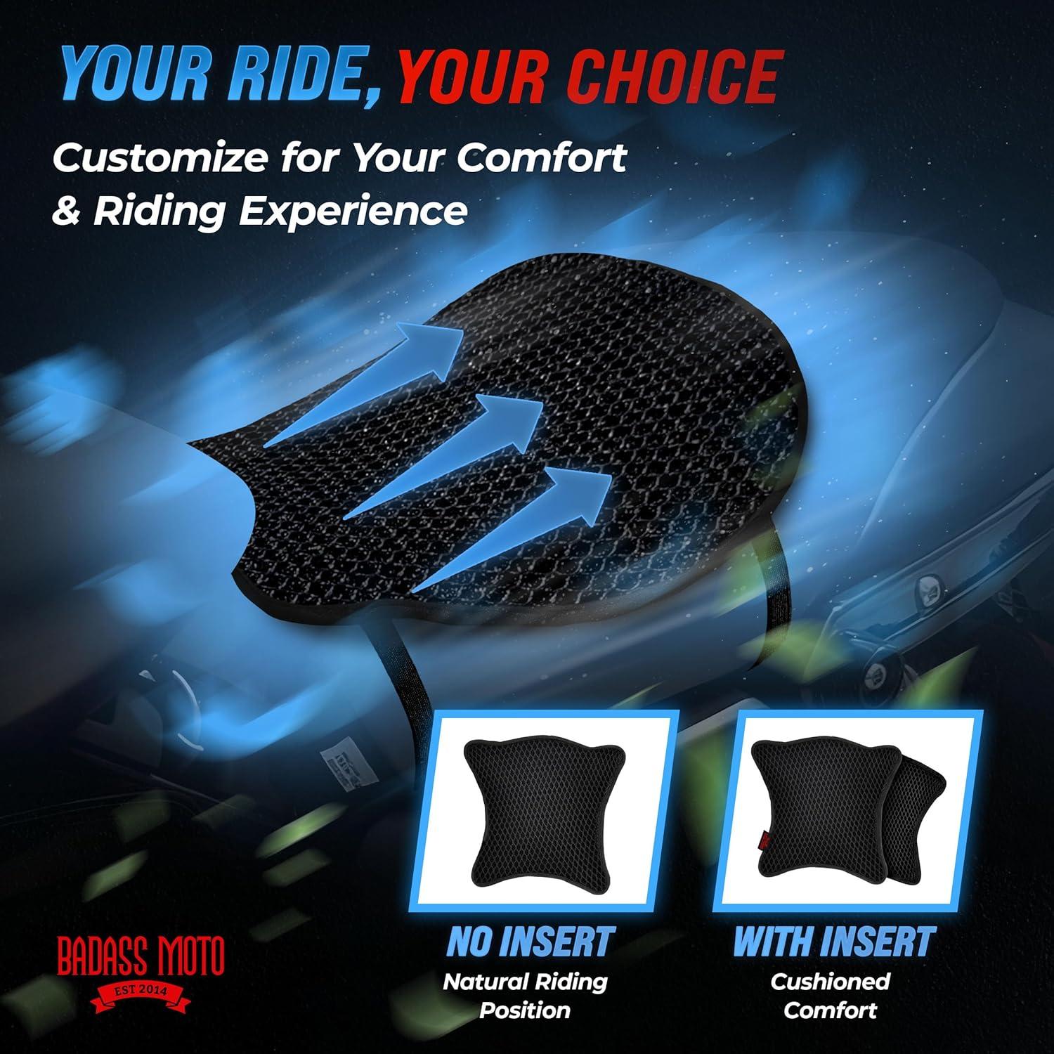 Badass Moto Cool Mesh Motorcycle Seat Cover, Max Airflow Motorcycle Seat Pad, Cooling Seat Cushion Stops Sweat, Adds Sun Shade. Removable Padded Insert. Fits Harley Davidson, Cruiser, Sport Bikes - LG