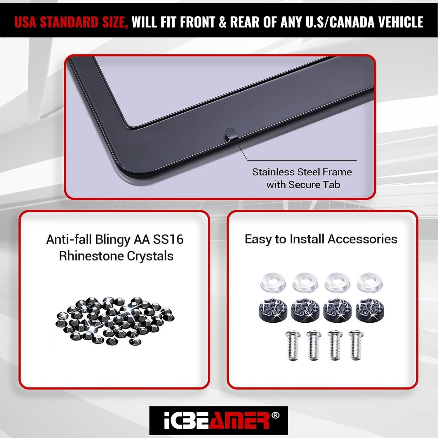 Marco de Placa de Licencia ICBEAMER de Acero Inoxidable 2 Piezas