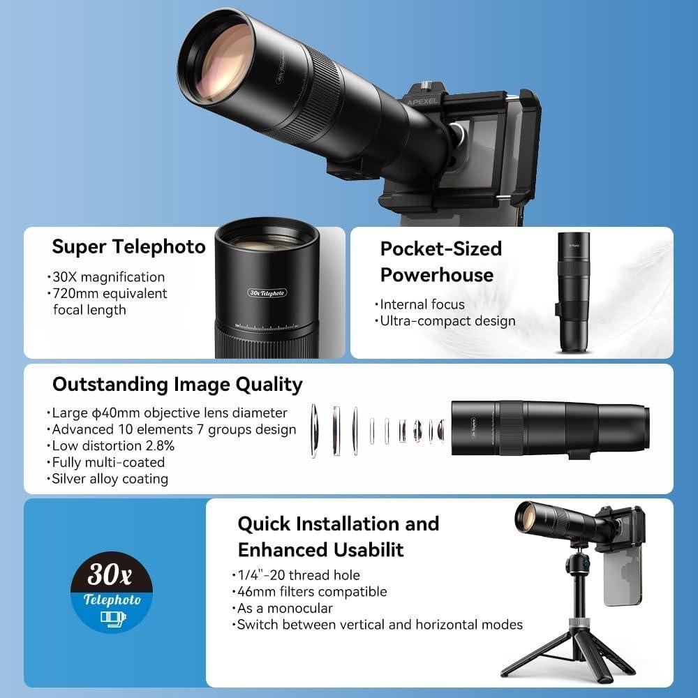 Lente Telefoto HD 30X APEXEL para iPhone y Smartphones