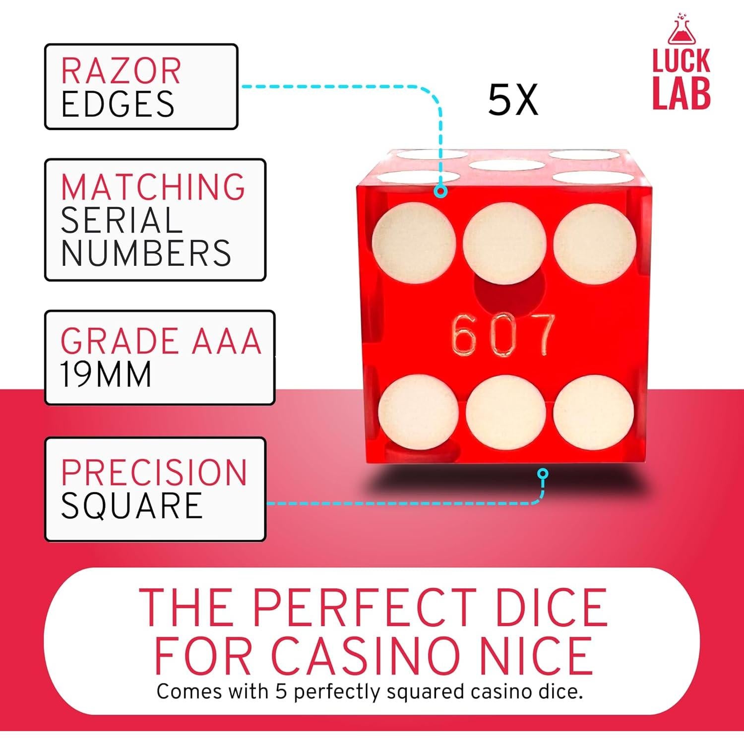Dados de Casino Luck Lab 19mm Set de 5 con Estuche Rojo