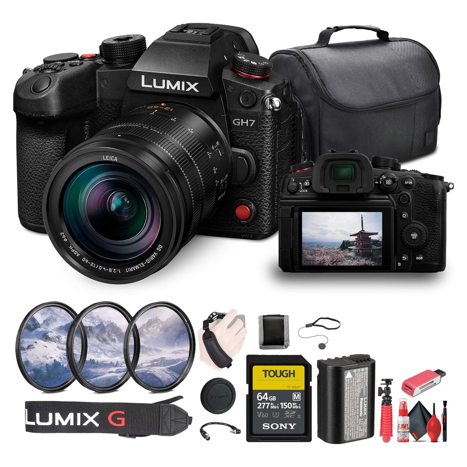 Panasonic Lumix GH7 Mirrorless Micro Four Thirds Camera with 12-60mm f/2.8-4 Lens (DC-GH7LK) + 64GB SF-M Tough Series Memory Card + Bag + Card Reader + Filter Kit + Flex Tripod + Cleaning Kit + More
