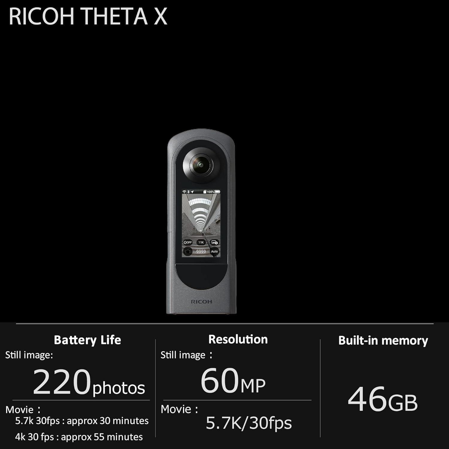 Ricoh Theta X 360° Camera - 11K High-Resolution (60 Megapixels), 5.7K Video, OLED Touch Screen, Built-in GPS, Interchangeable Battery, External Memory