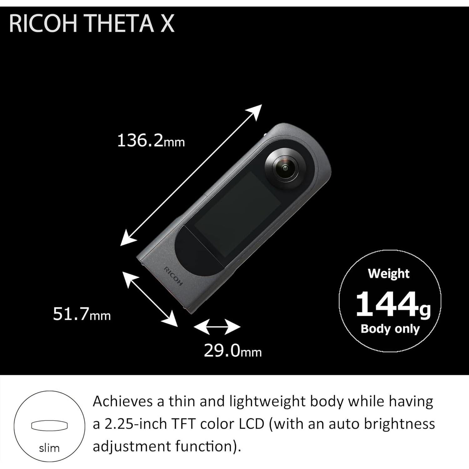 Ricoh Theta X 360° Camera - 11K High-Resolution (60 Megapixels), 5.7K Video, OLED Touch Screen, Built-in GPS, Interchangeable Battery, External Memory