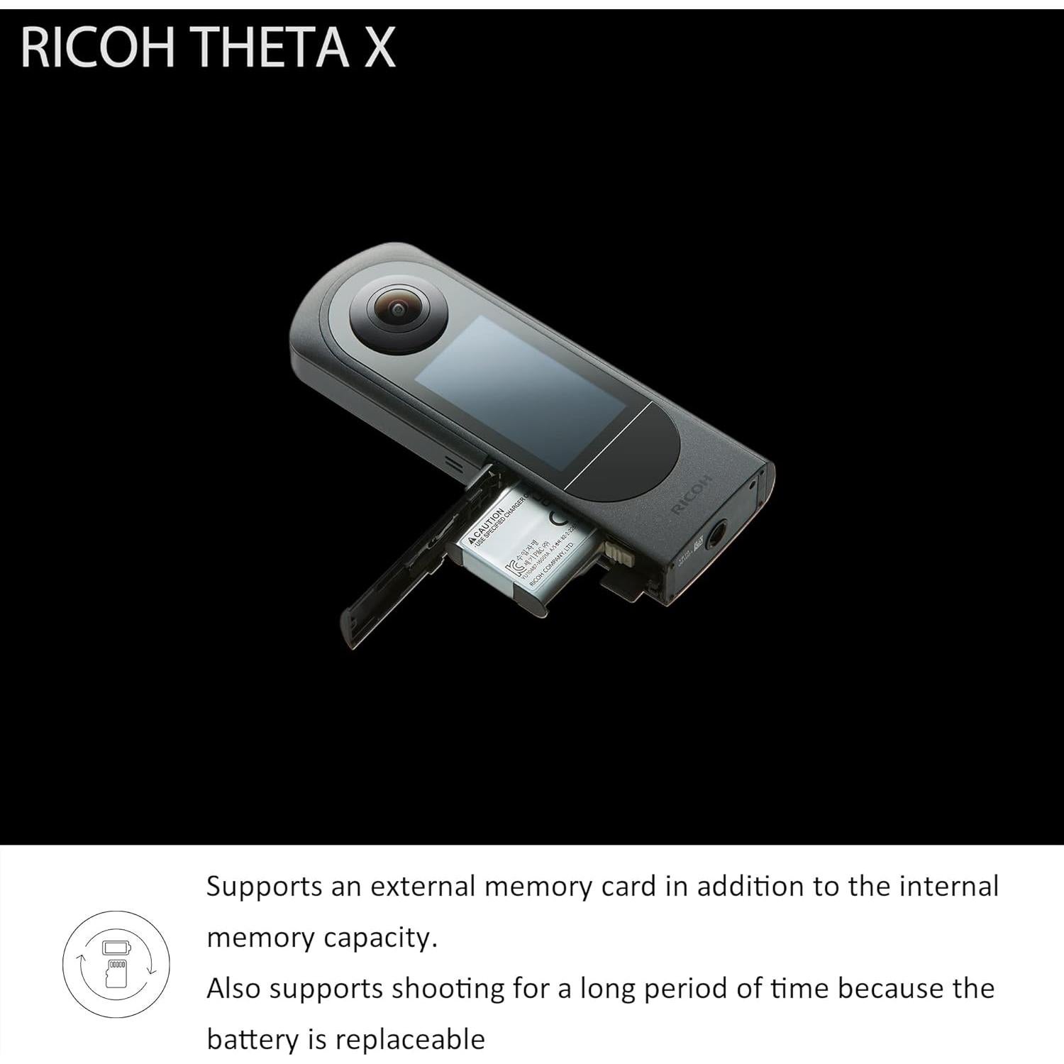 Ricoh Theta X 360° Camera - 11K High-Resolution (60 Megapixels), 5.7K Video, OLED Touch Screen, Built-in GPS, Interchangeable Battery, External Memory