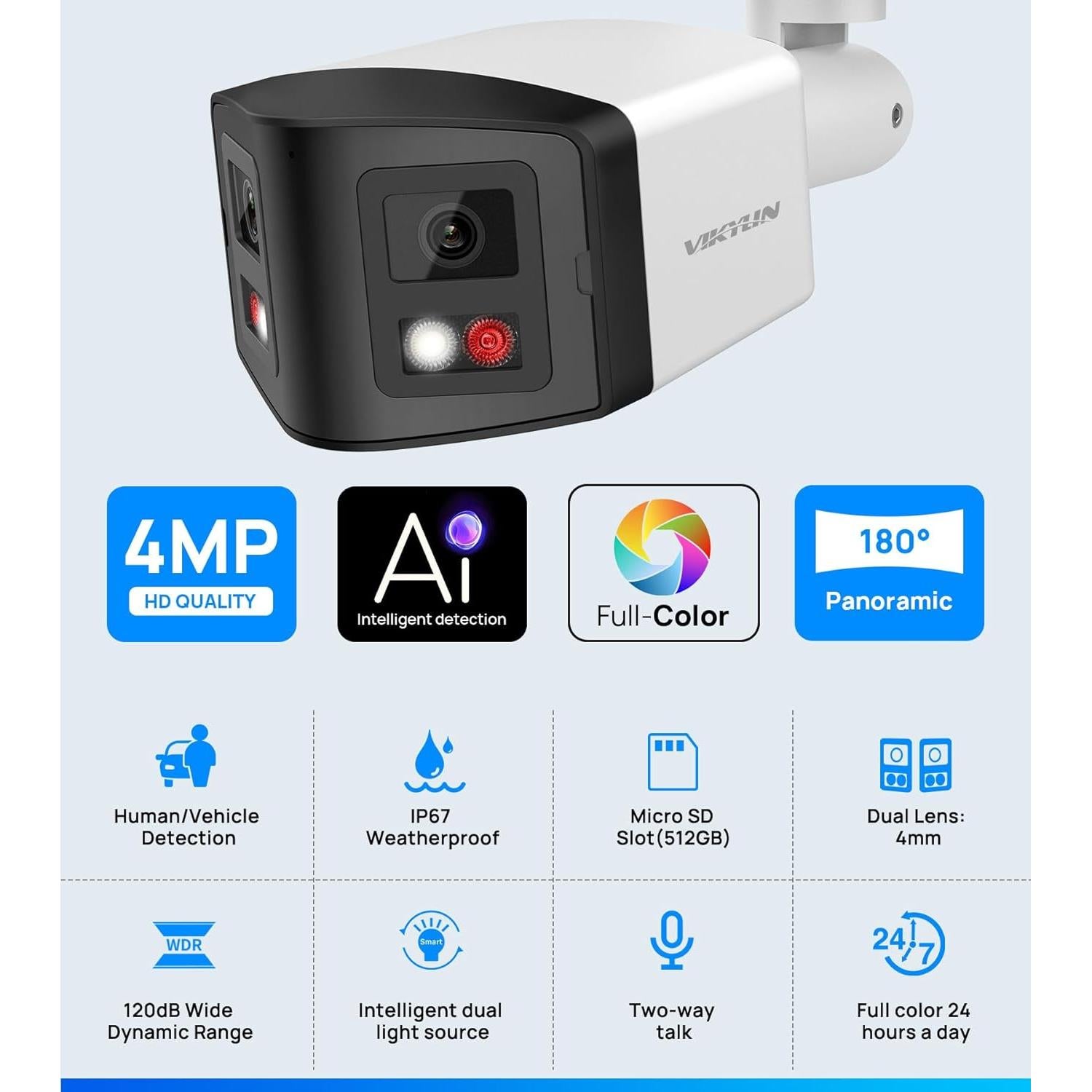 Cámara de Seguridad IP PoE Doble Lente 4MP VIKYLIN 180°