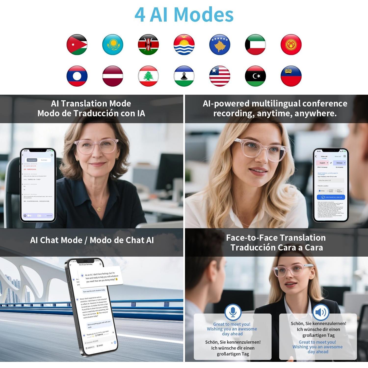 Gafas Inteligentes AI Padom UF-08 para Mujeres, Traducción 160+ Idiomas
