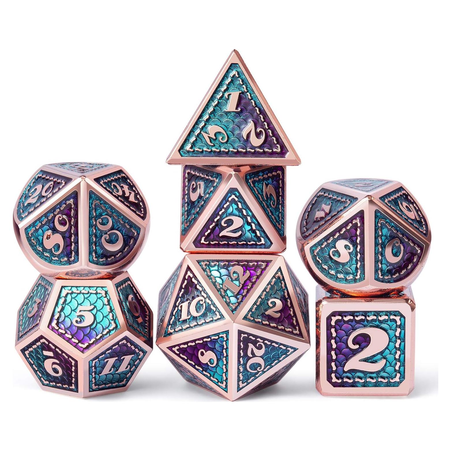 Juego de Dados Metálicos D&D DNDND 7 Piezas Verde y Púrpura