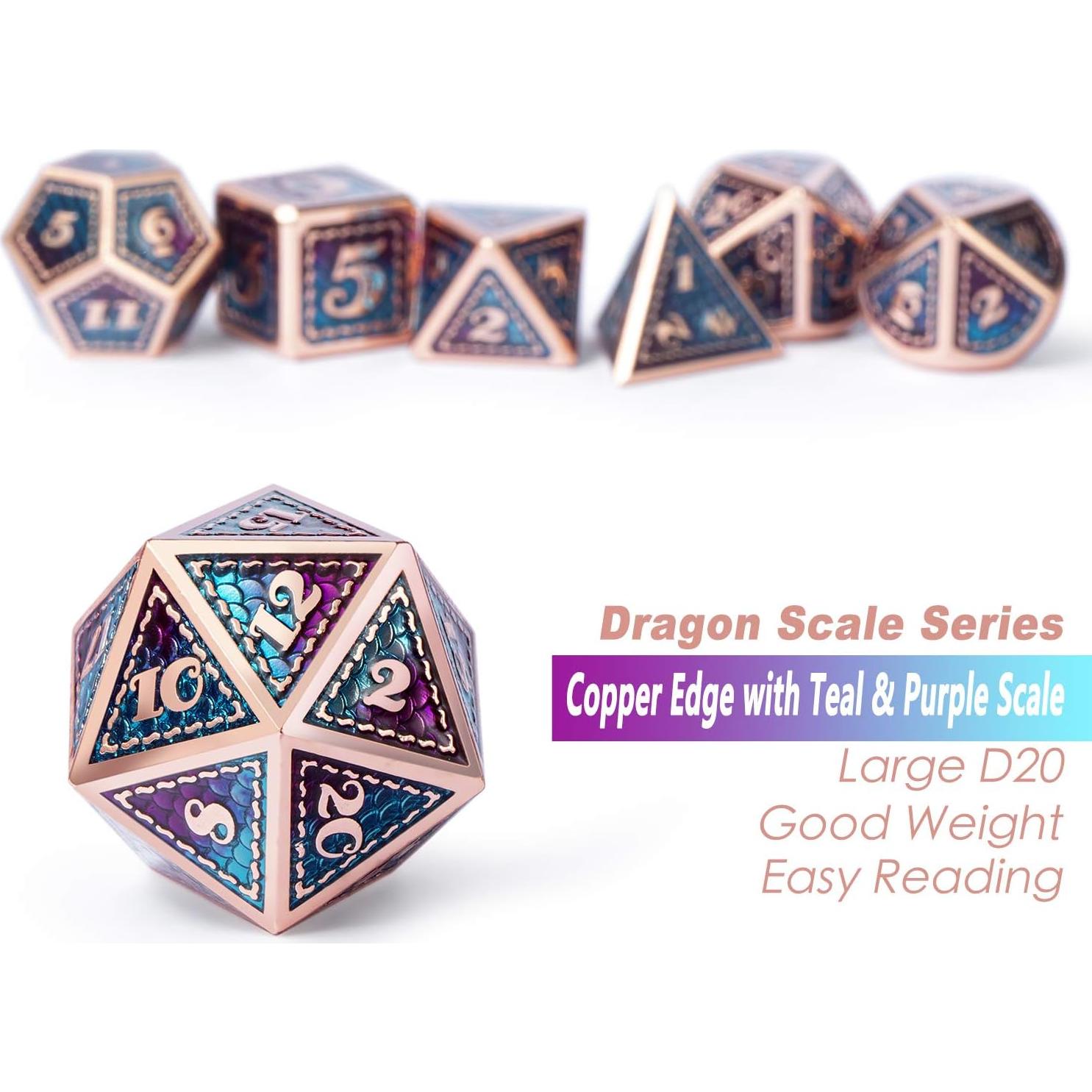 Juego de Dados Metálicos D&D DNDND 7 Piezas Verde y Púrpura