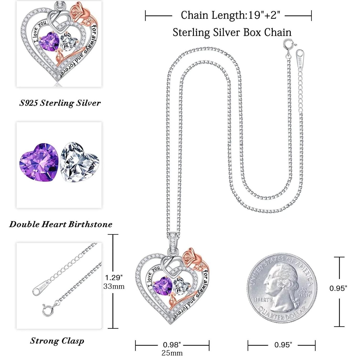 Collar Corazón Rosa Iefil Plata 925 Doble Piedra Nacimiento