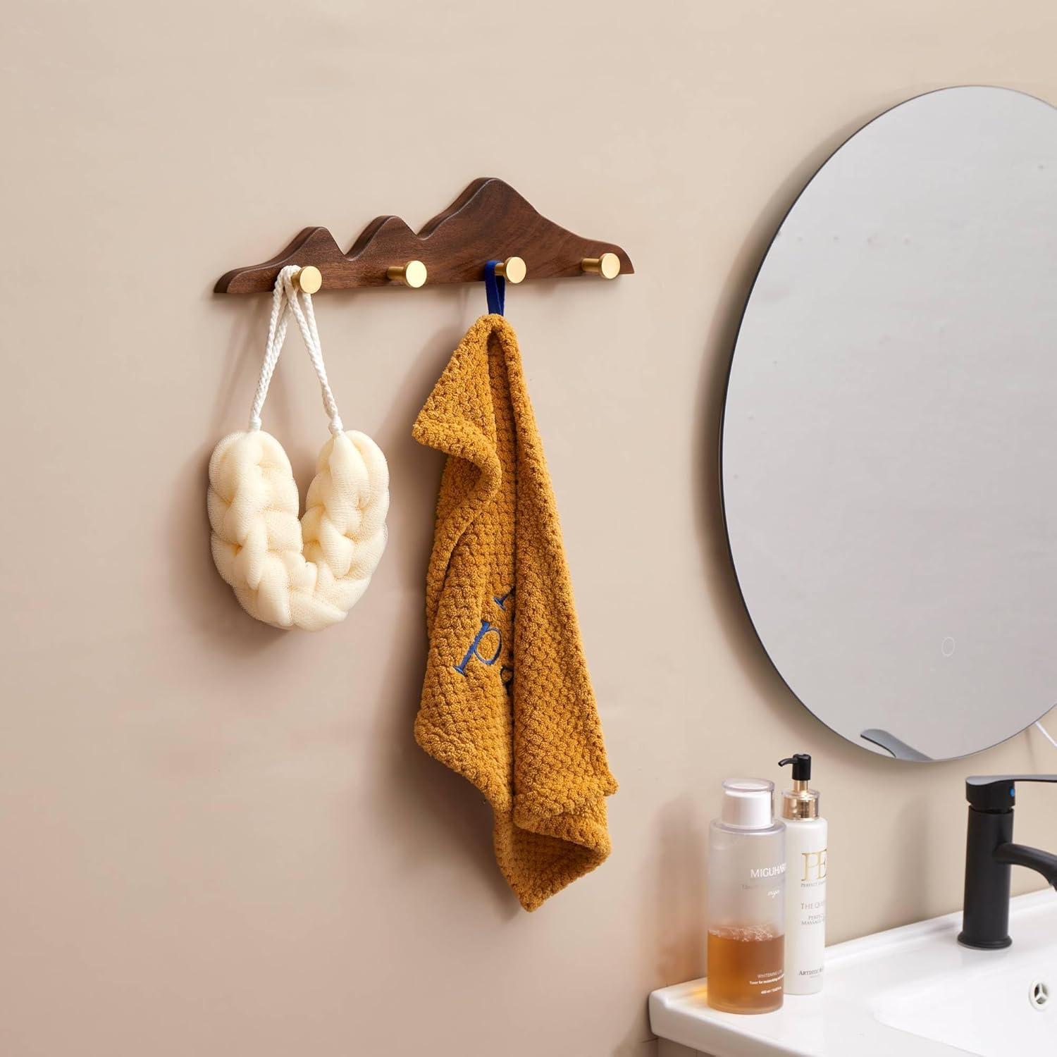 Perchero de Pared ESDOPA de Madera Nogal con 4 Ganchos Dorados