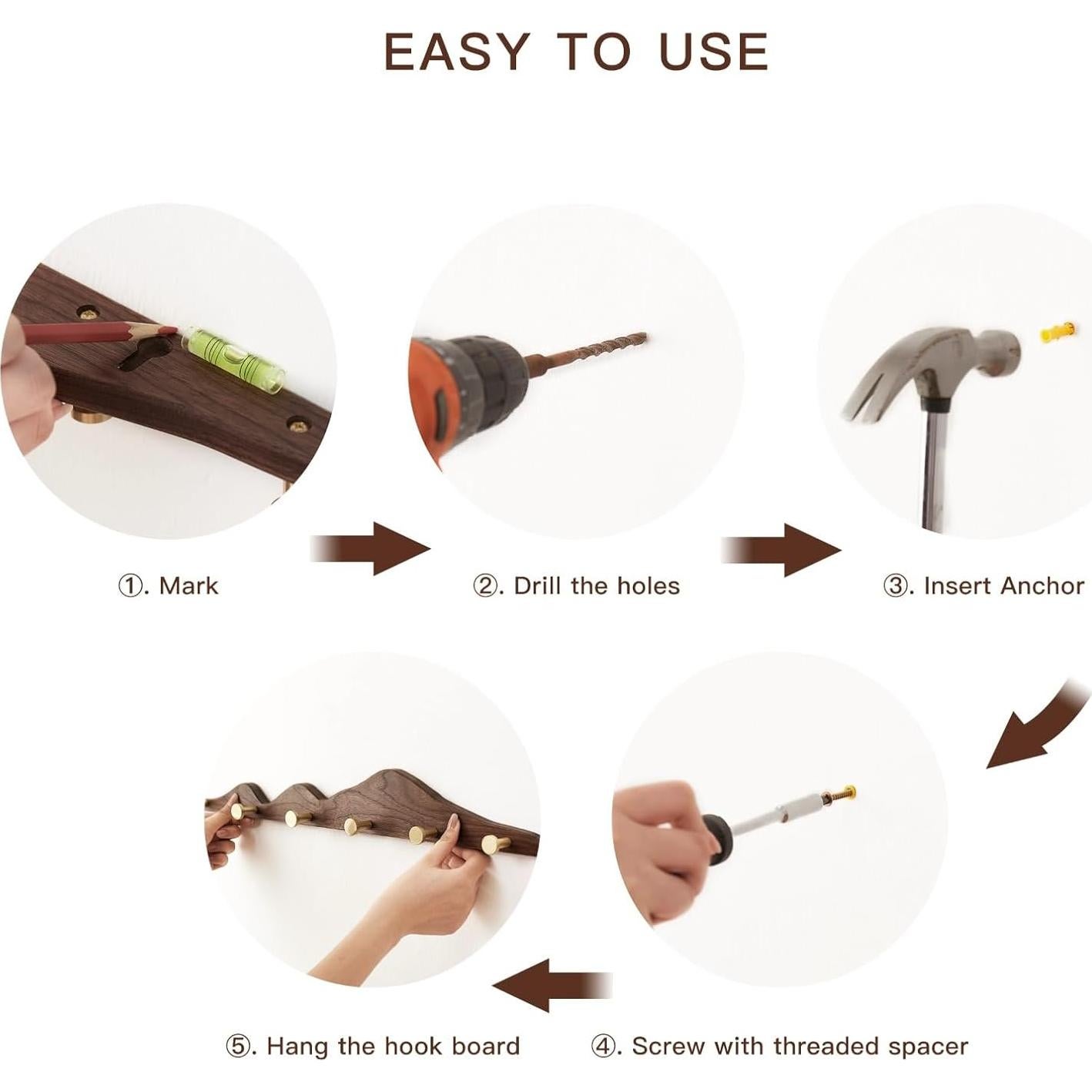 Perchero de Pared ESDOPA de Madera Nogal con 4 Ganchos Dorados