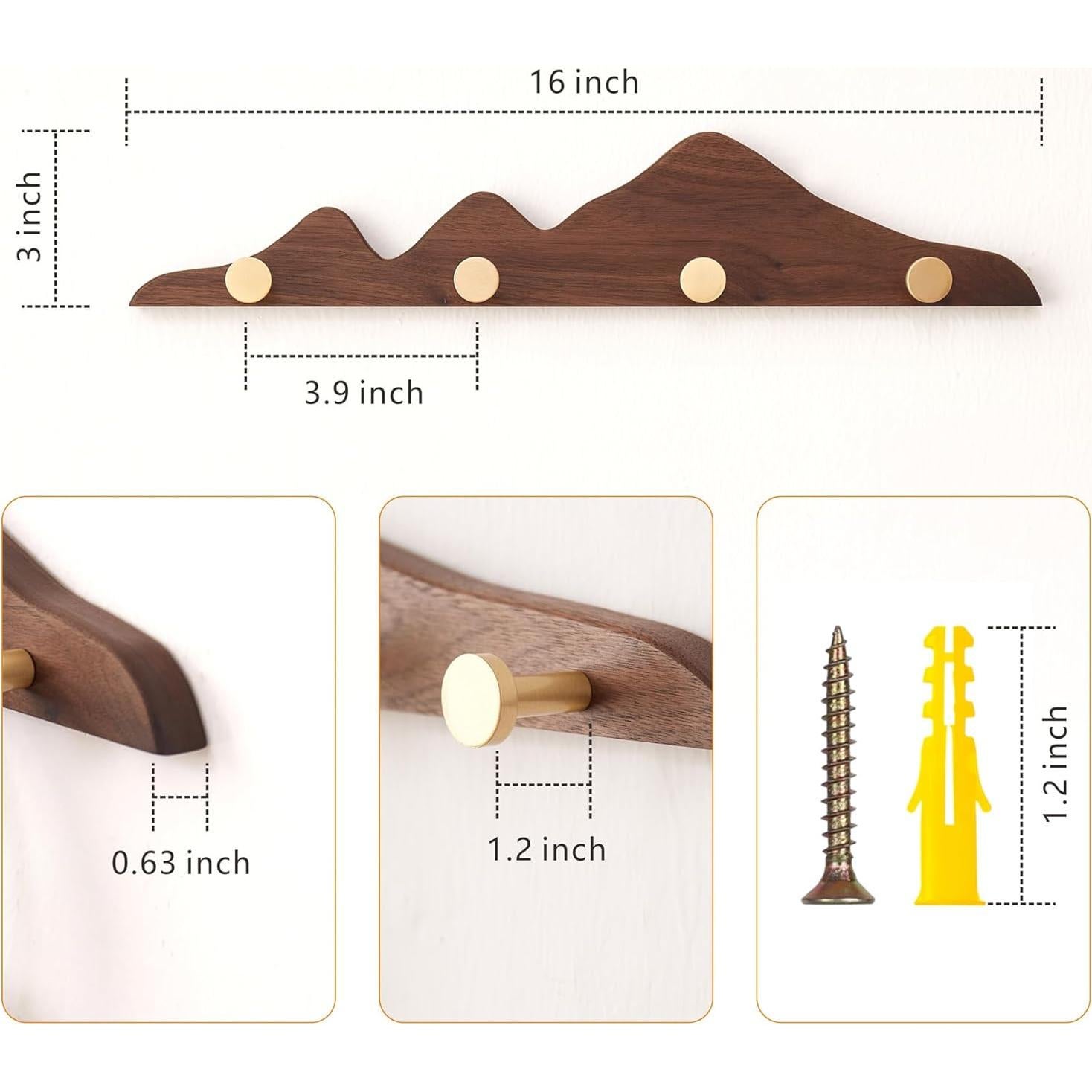 Perchero de Pared ESDOPA de Madera Nogal con 4 Ganchos Dorados