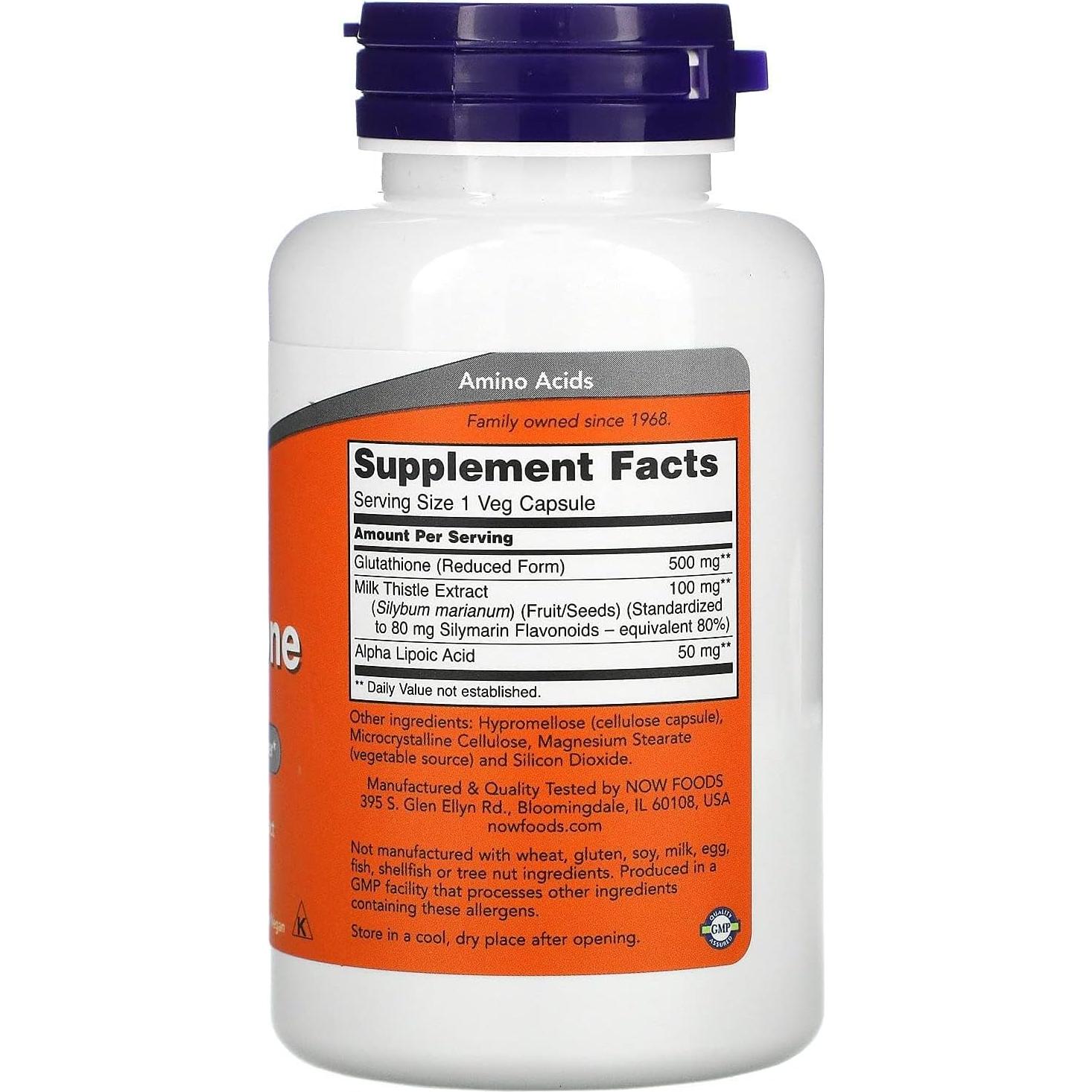 Suplemento Antioxidante NOW Foods Glutatión 500 mg - 60 Cápsulas Vegetarianas