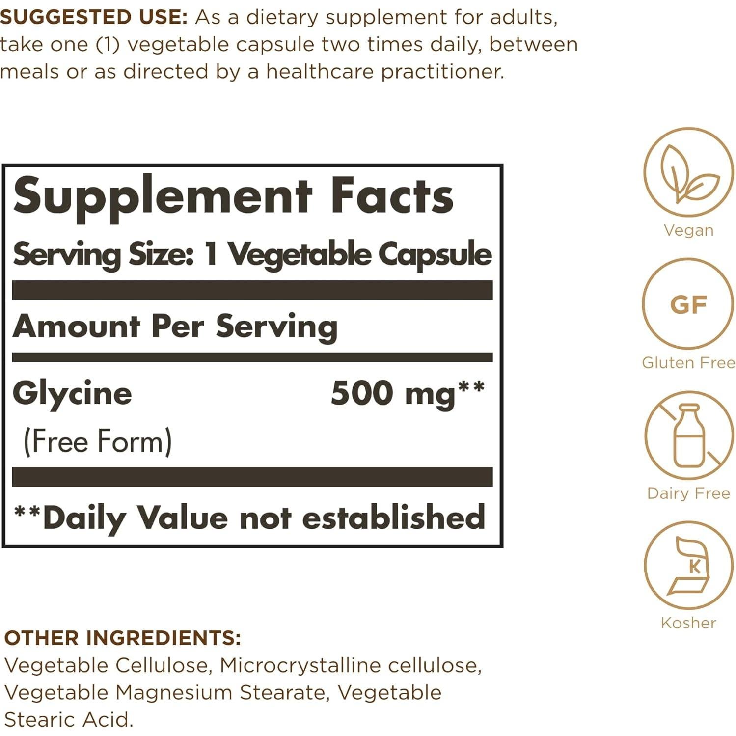 Solgar Glicina 500 mg - 100 Cápsulas Vegetales - Vegano, Sin Gluten