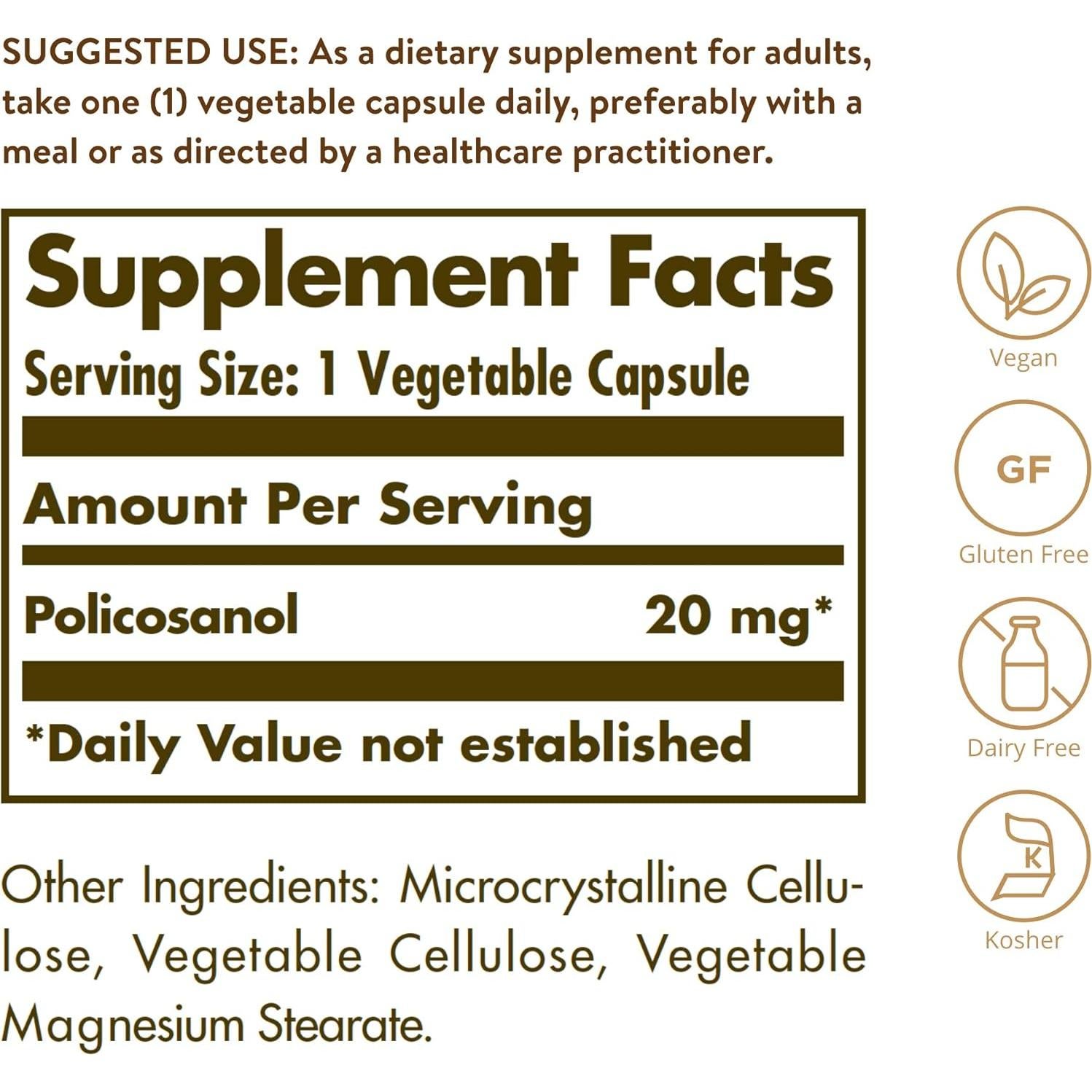 Solgar Policosanol 20 mg 100 Cápsulas Vegetales Veganas