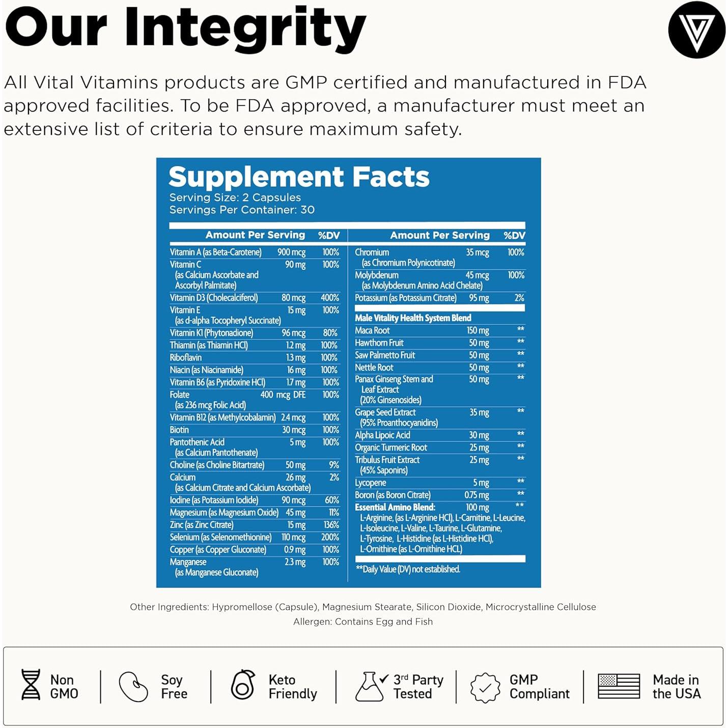 Multivitamínico Diario para Hombres Vital Vitamins - 60 Cápsulas con Aminoácidos y Raíz de Maca