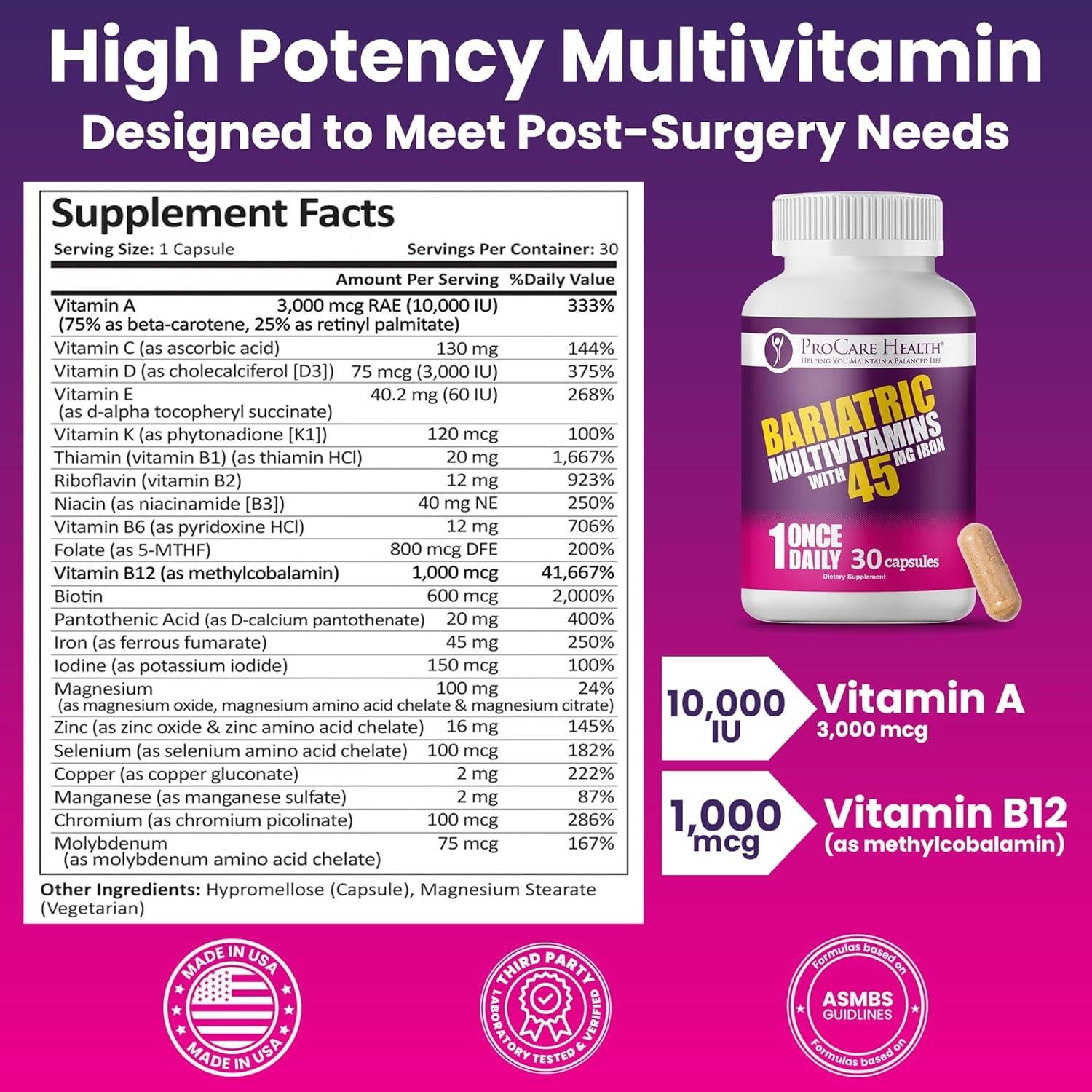 Multivitamínico Bariátrico ProCare Health 30 Cápsulas 45mg Hierro