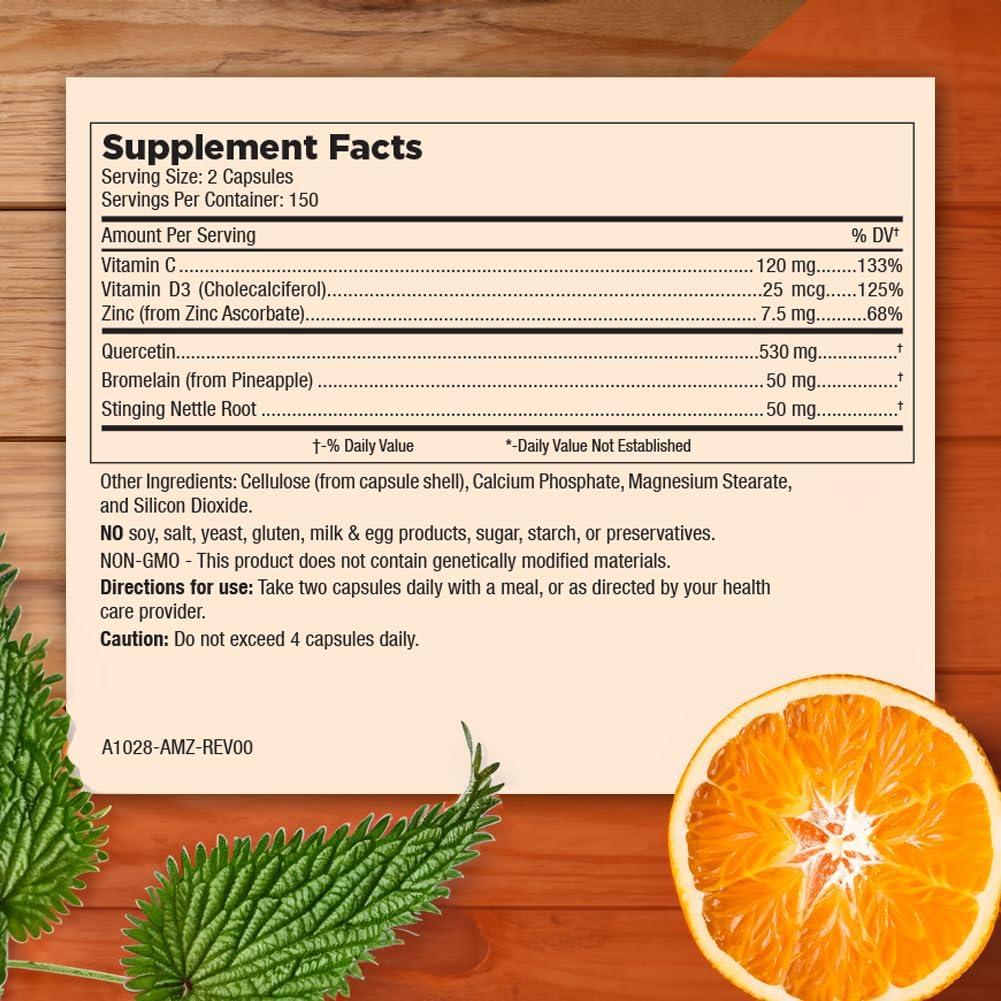 Vitaminas Mt. Angel - Suplemento Inmunológico Quercetina 500mg y Zinc 50mg - 300 Cápsulas