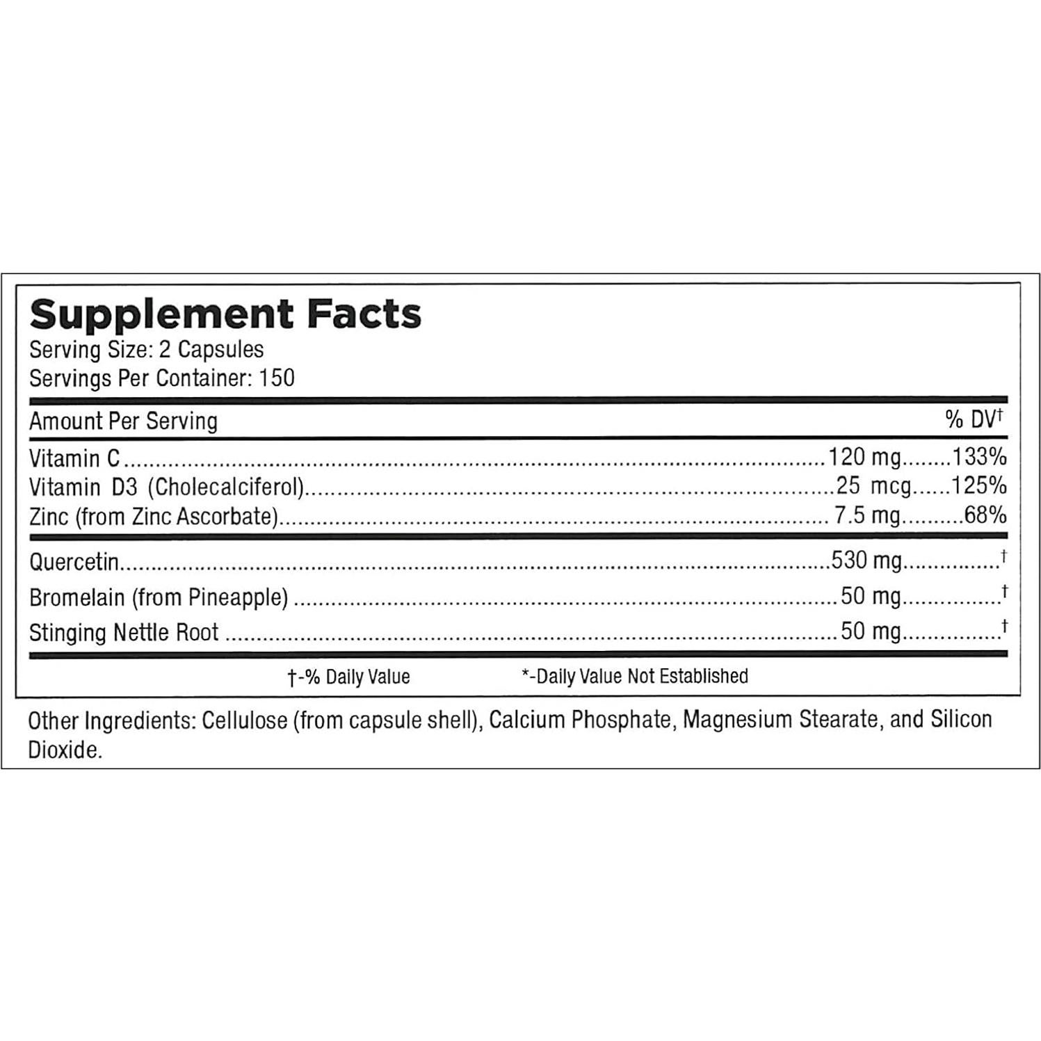 Vitaminas Mt. Angel - Suplemento Inmunológico Quercetina 500mg y Zinc 50mg - 300 Cápsulas