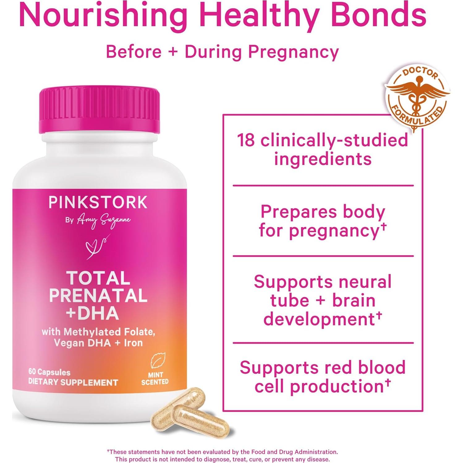 Vitaminas Prenatales Totales Pink Stork con DHA y Folato - 180 Cápsulas