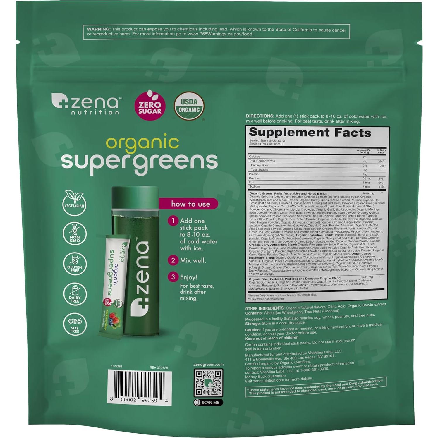 Zena Nutrition Polvo Orgánico de Super Verdes 30 Porciones