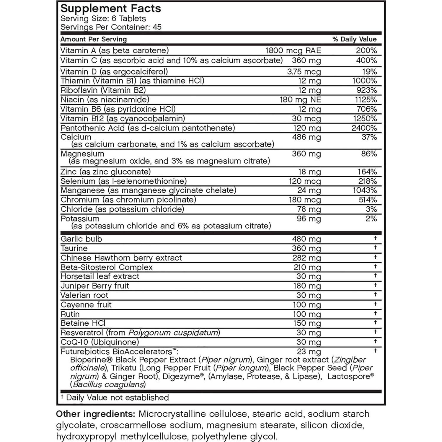 Multivitaminas y Minerales Futurebiotics 270 Tabletas - CoQ10, Ajo, Calcio, Magnesio