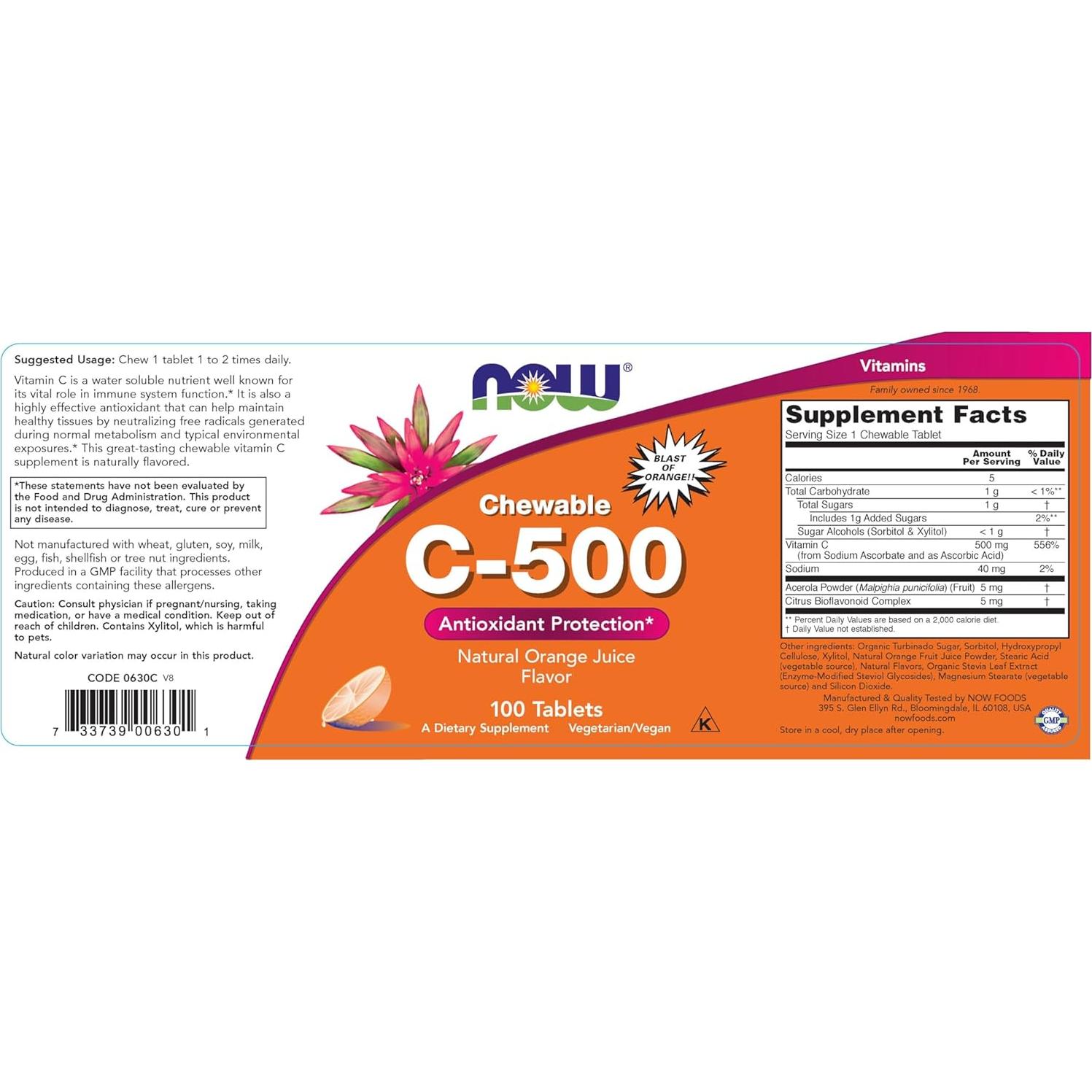 Vitamina C 500mg Naranja 100 Tabletas Masticables Ahora