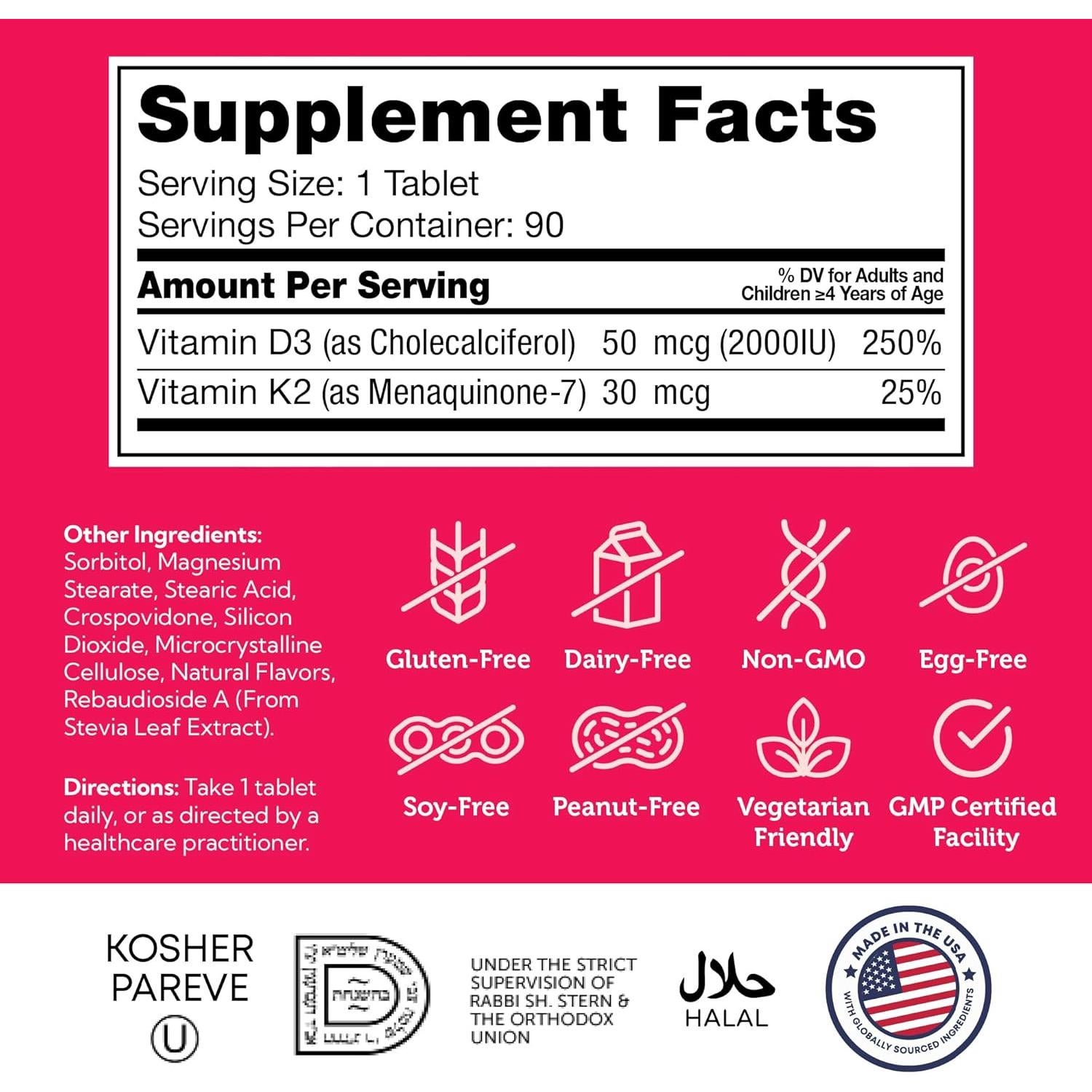 Tabletas Masticables Vitamina D3 + K2 Zahler 90 Unidades