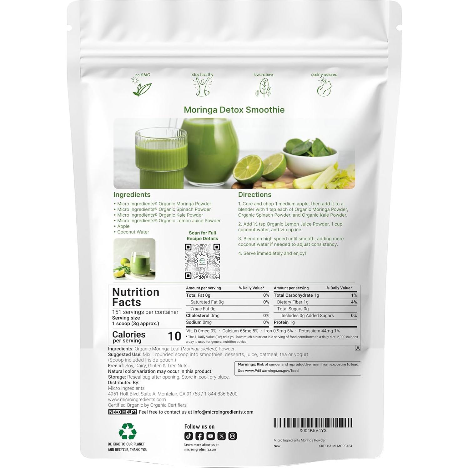 Polvo de Moringa Orgánica Micro Ingredients 0.45 kg - Superalimento