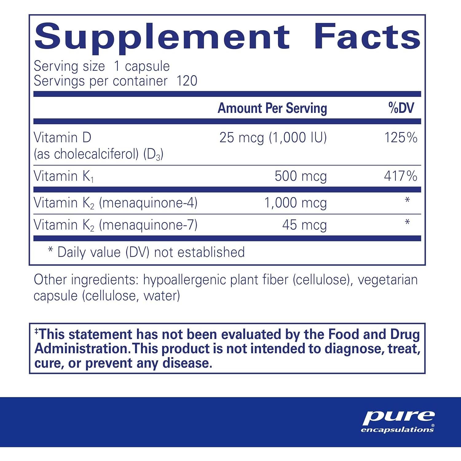 Suplemento Óseo Pure Encapsulations Sinergia K - 120 Cápsulas