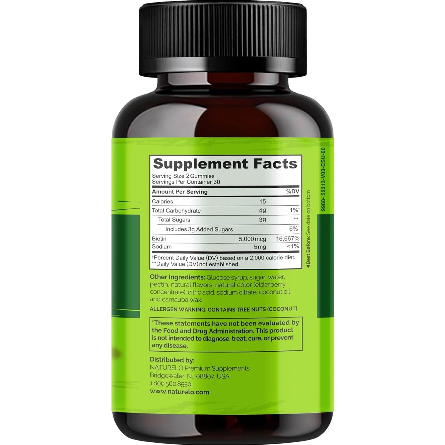 Gomitas de Biotina NATURELO 2500 mcg - Salud Cabello, Piel, Uñas - 60 Unidades