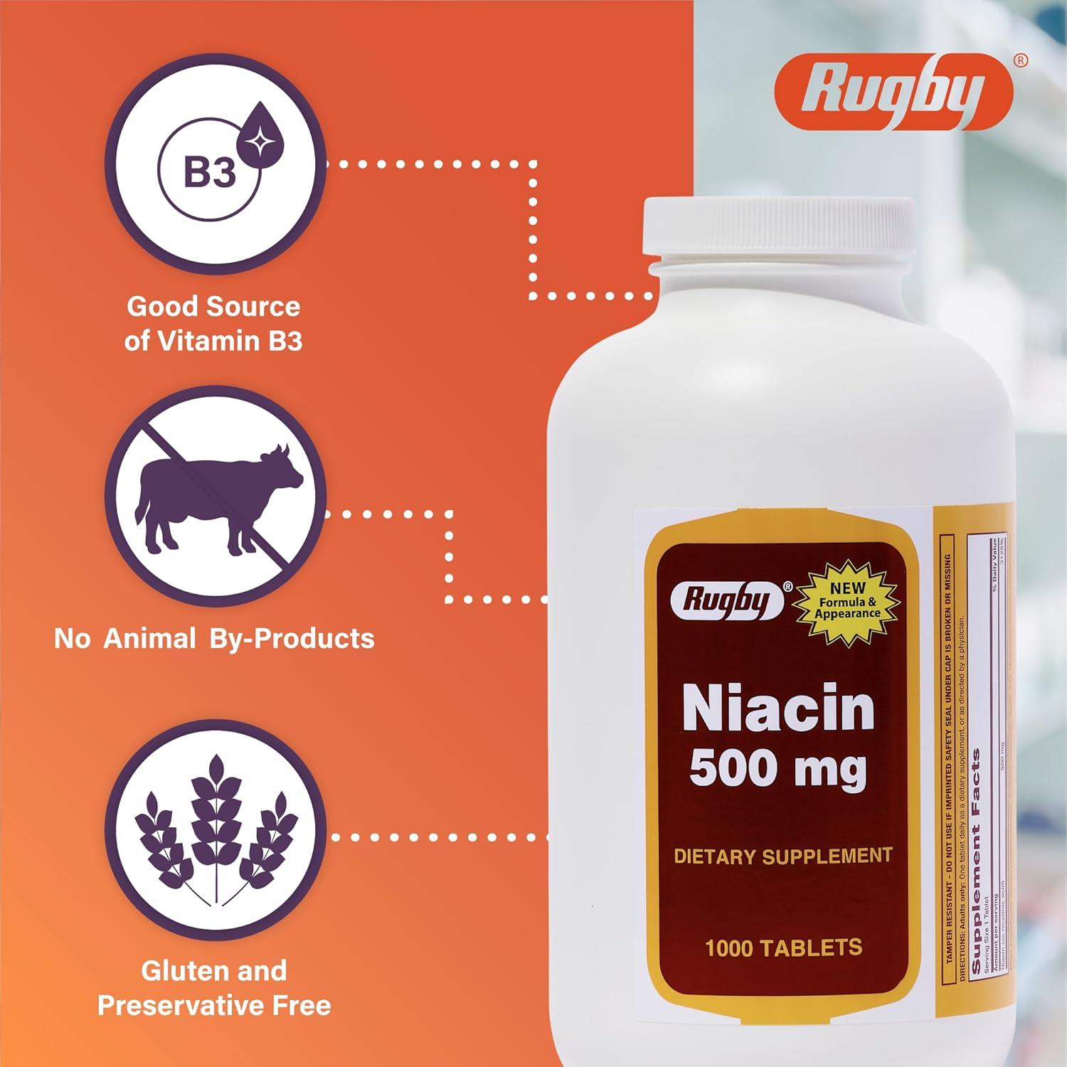 Suplemento de Niacina 500mg Rugby - 1000 Tabletas