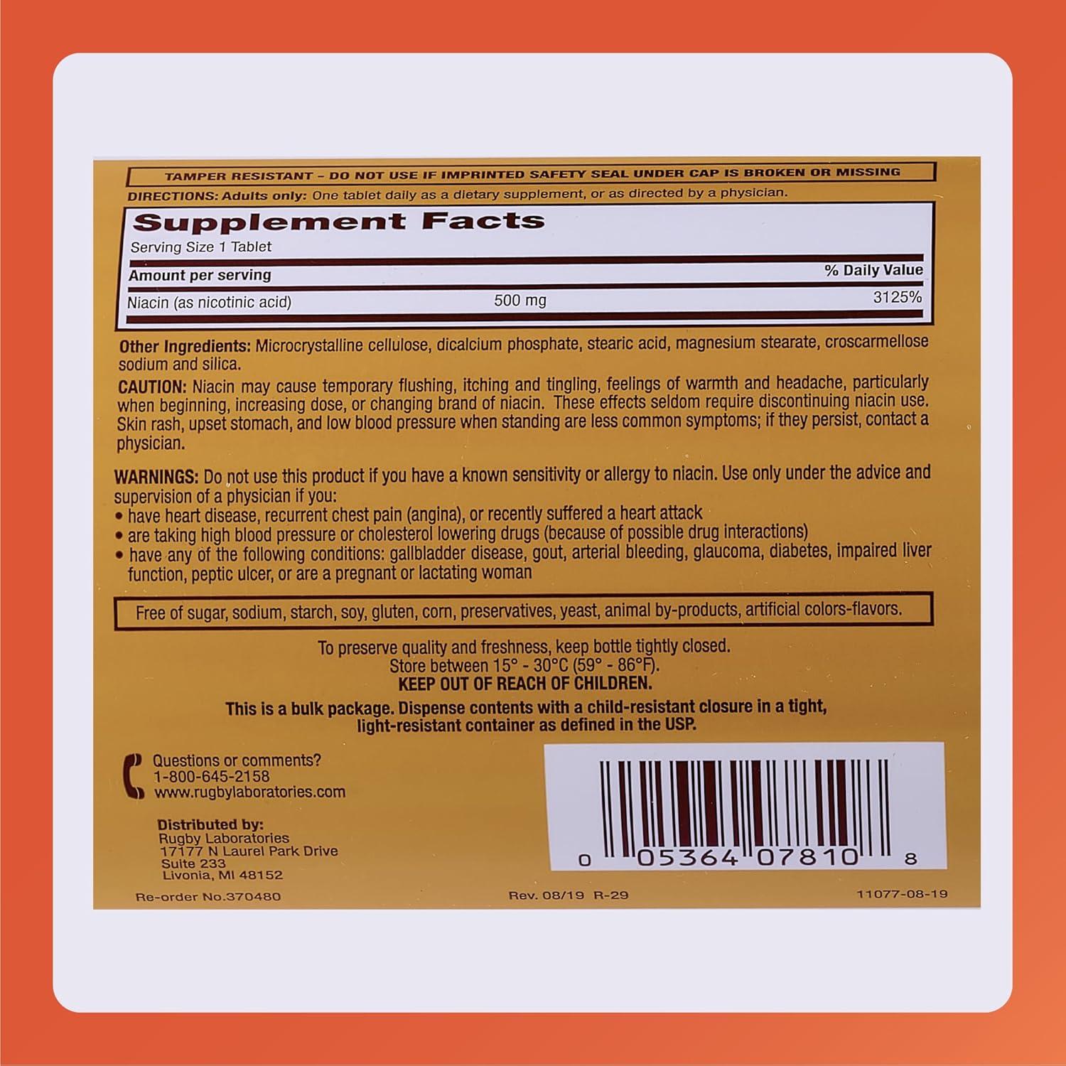 Suplemento de Niacina 500mg Rugby - 1000 Tabletas