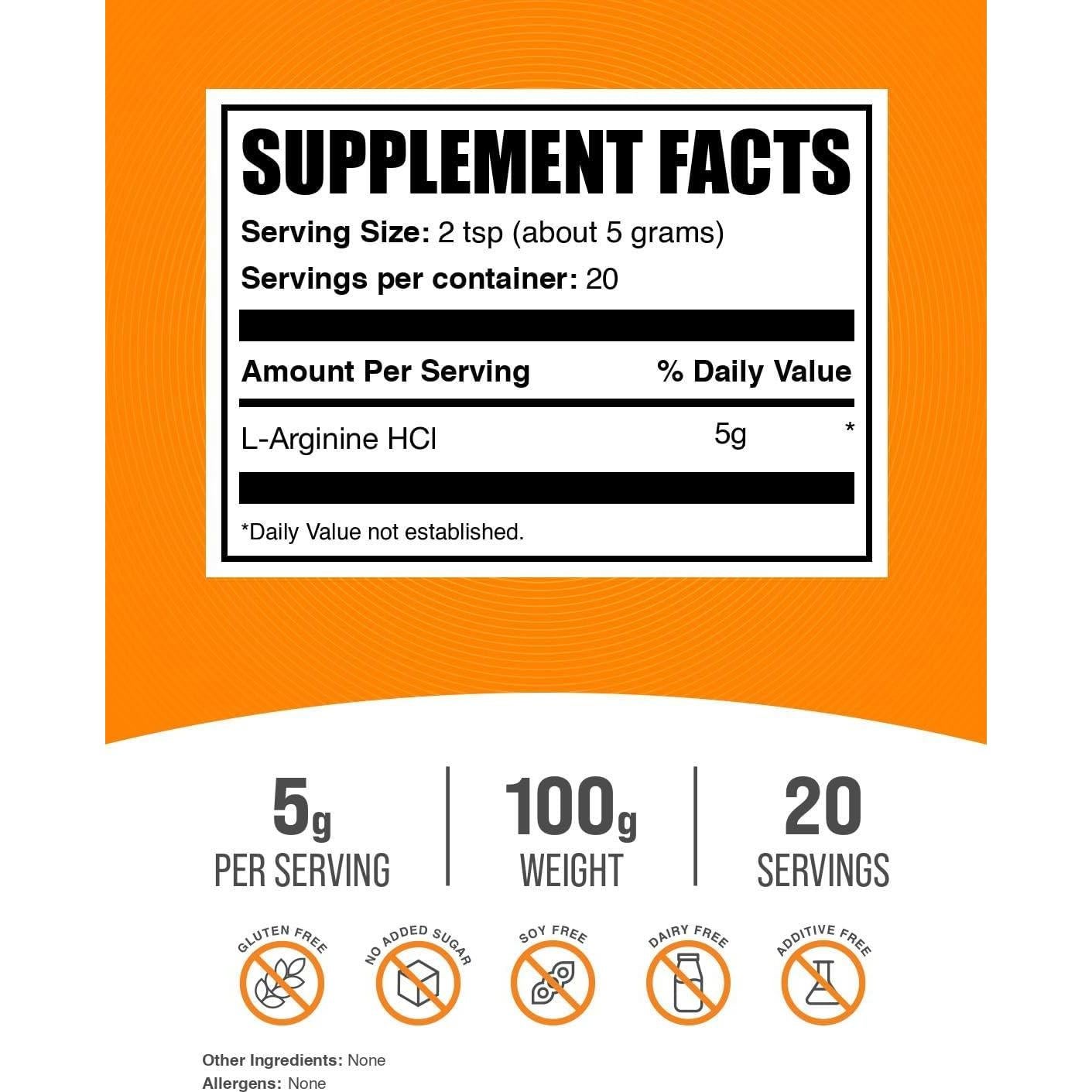 L-Arginina HCl BulkSupplements 100g - Suplemento Sin Sabor