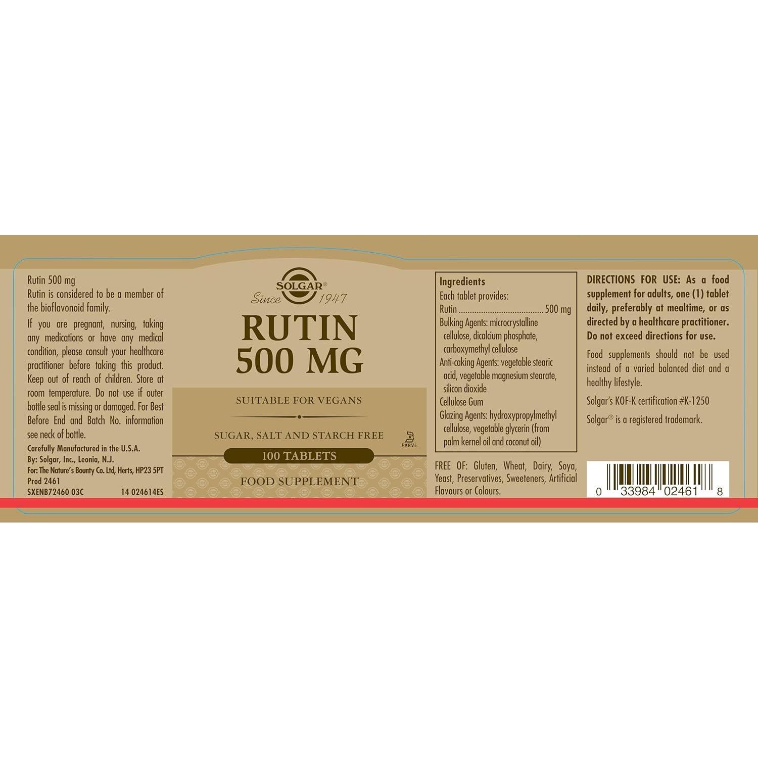 Solgar Rutin 500 mg - 100 Tabletas Antioxidante Vegano