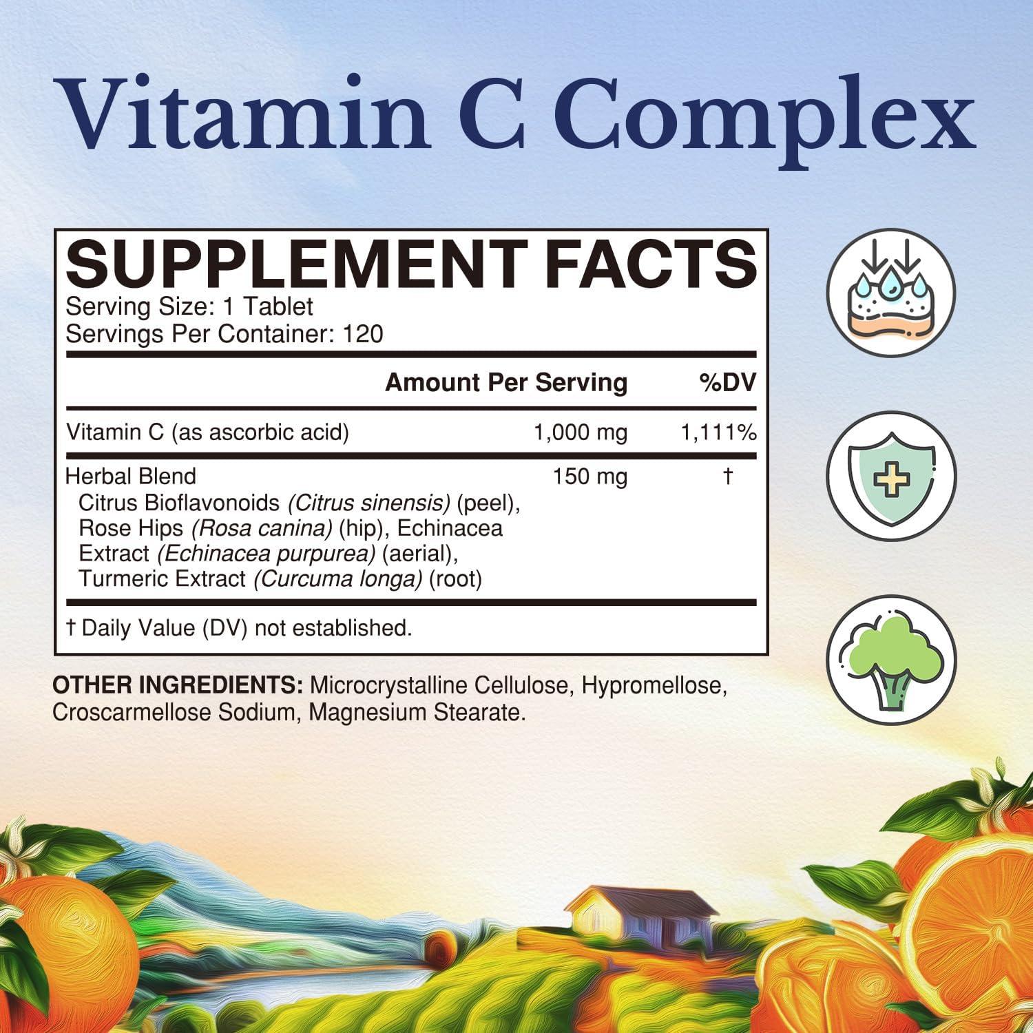 Complejo de Vitamina C Vitalitown 1000mg con Rosa Mosqueta y Cúrcuma - 120 Tabletas